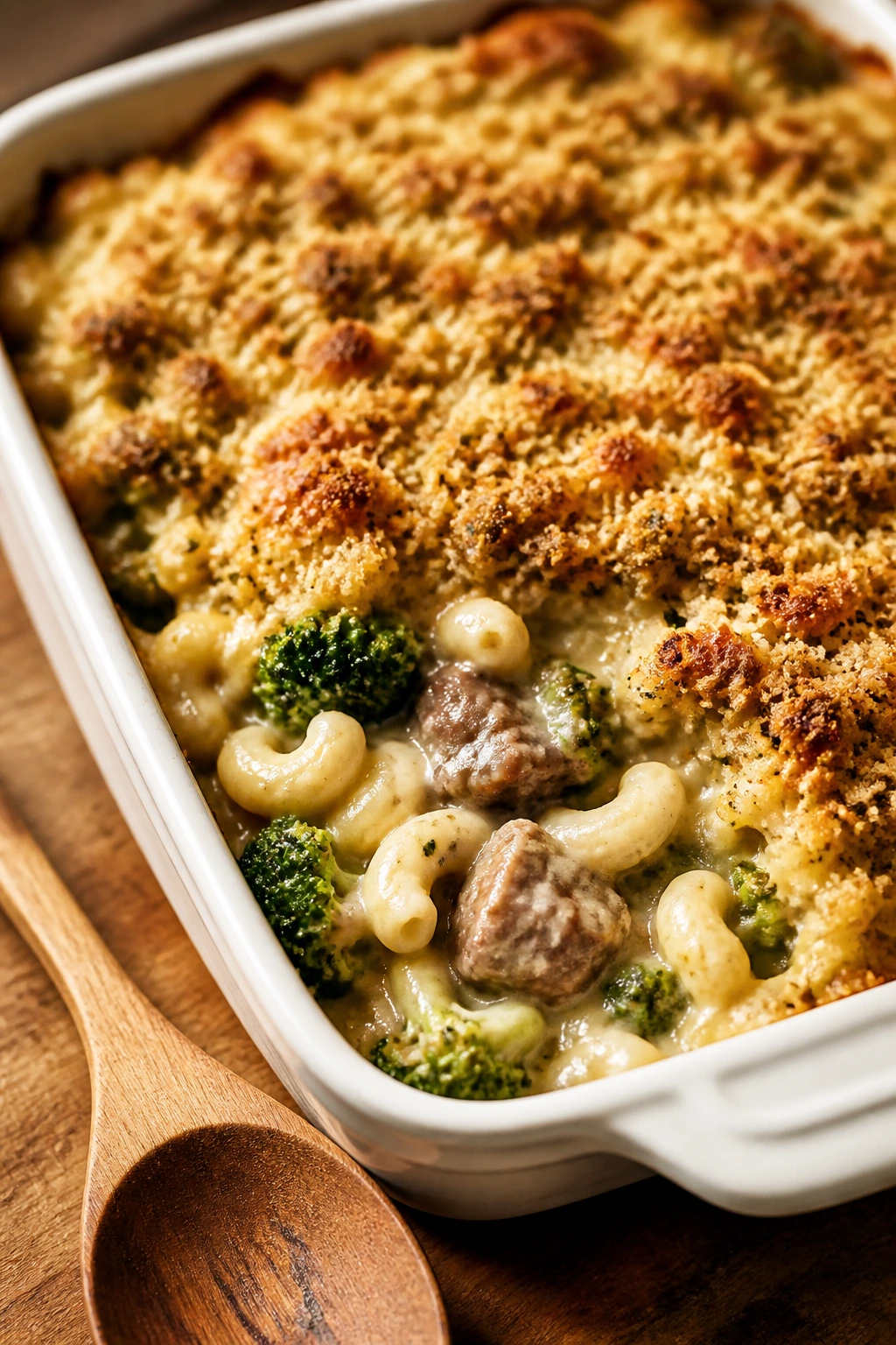 Mac and cheese bake with beef and broccoli in a baking dish