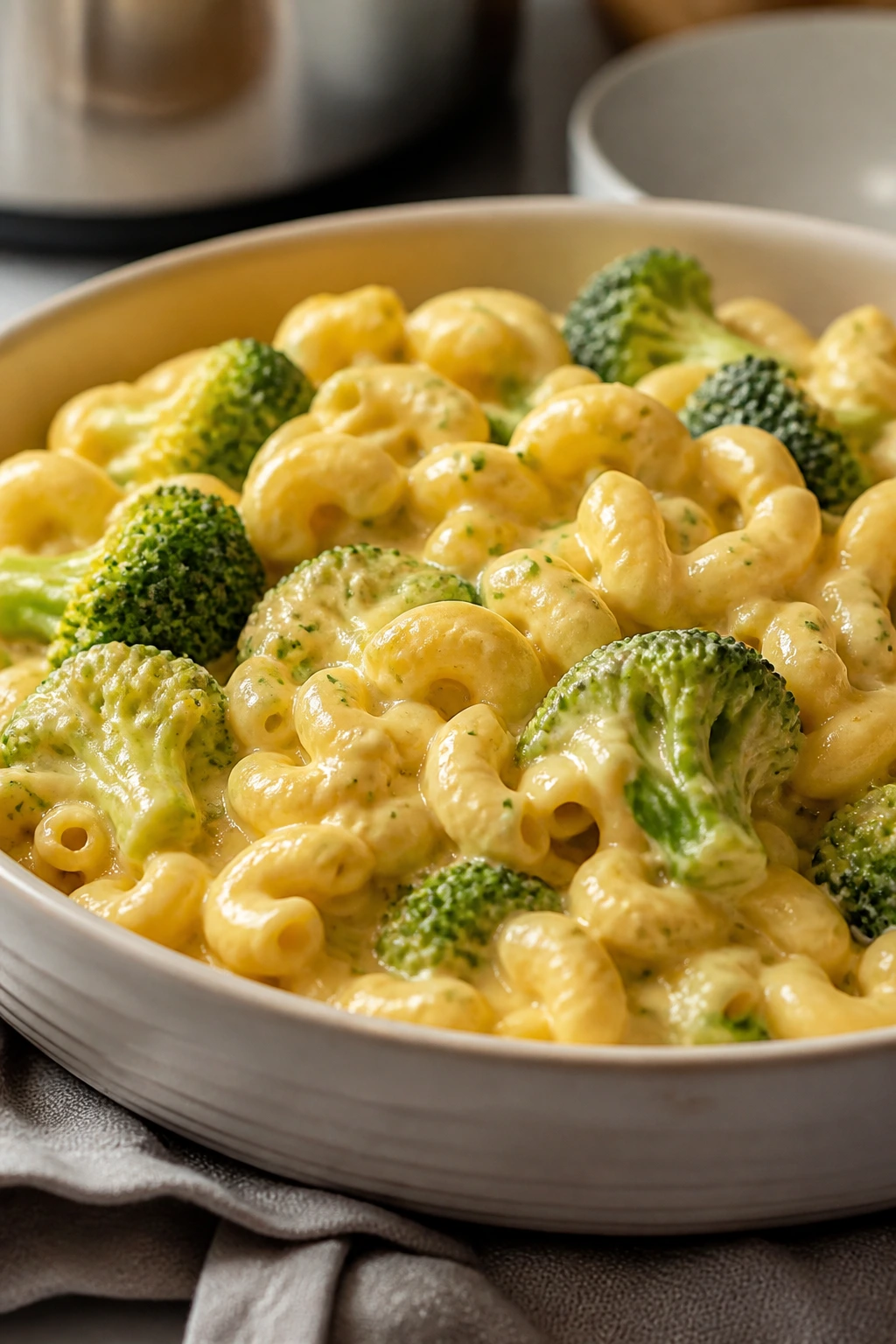 Creamy broccoli macaroni and cheese with broccoli florets