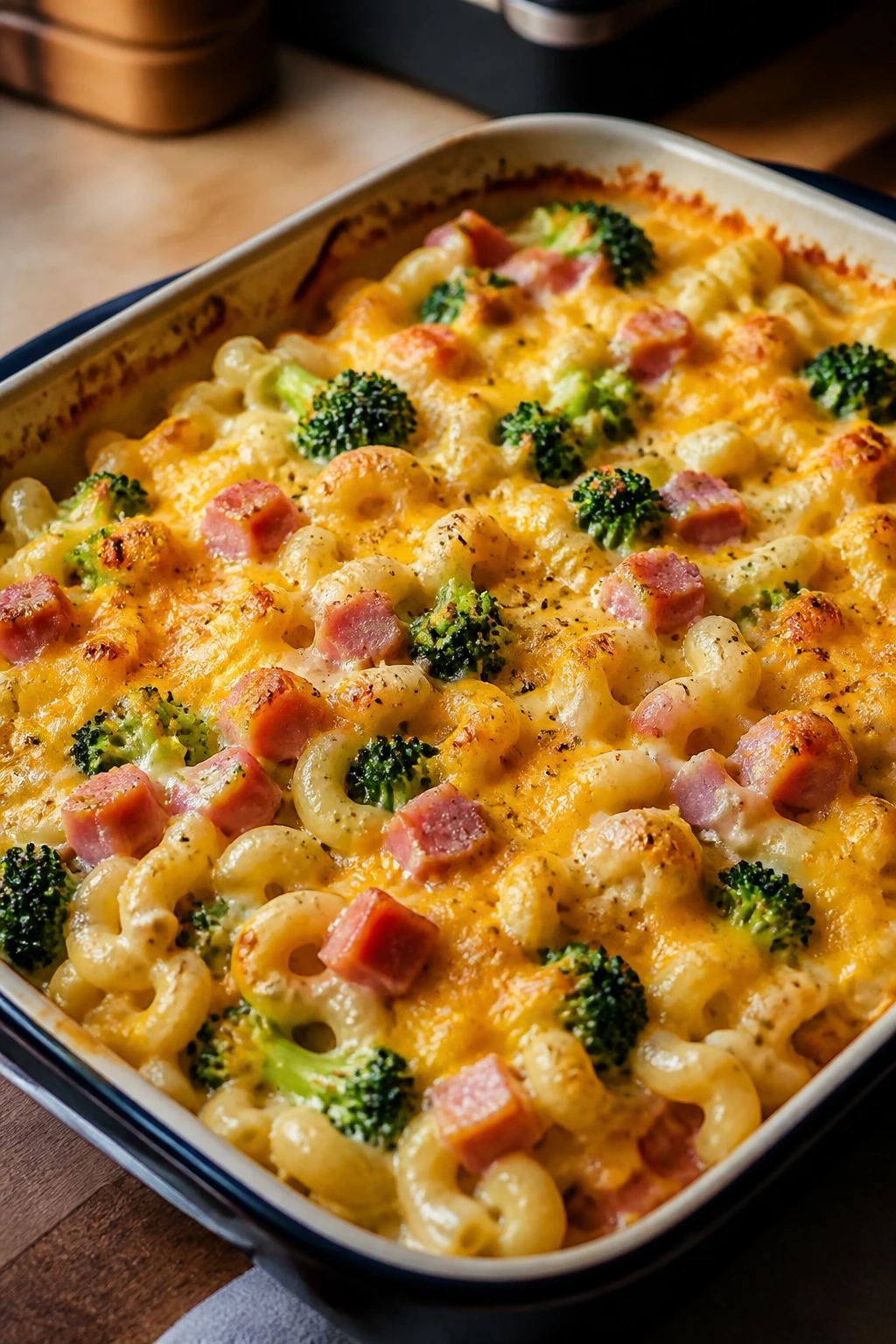 Baked mac and cheese with broccoli and ham in a bubbling casserole