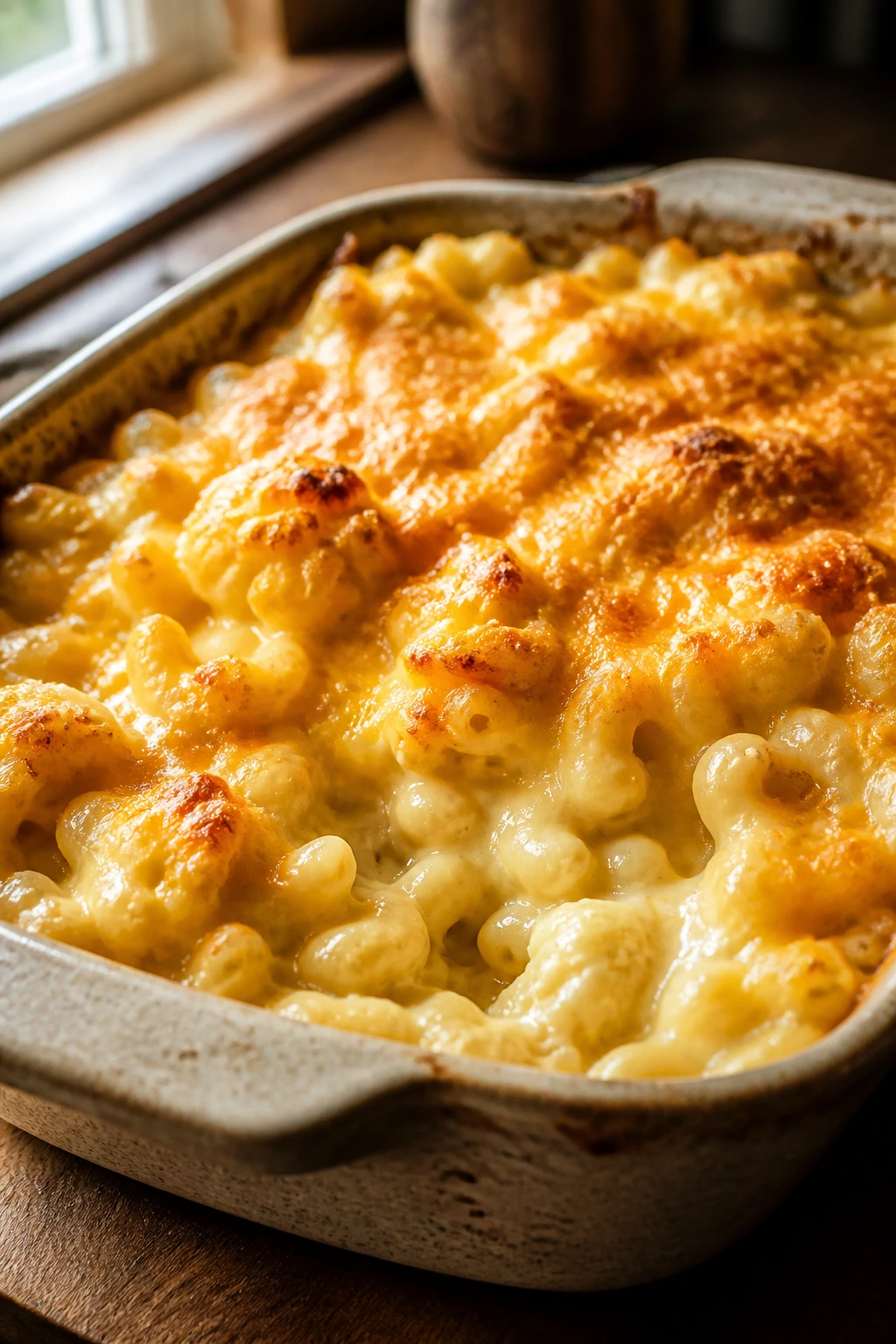 Close-up of creamy macaroni and cheese with cauliflower in a baking dish
