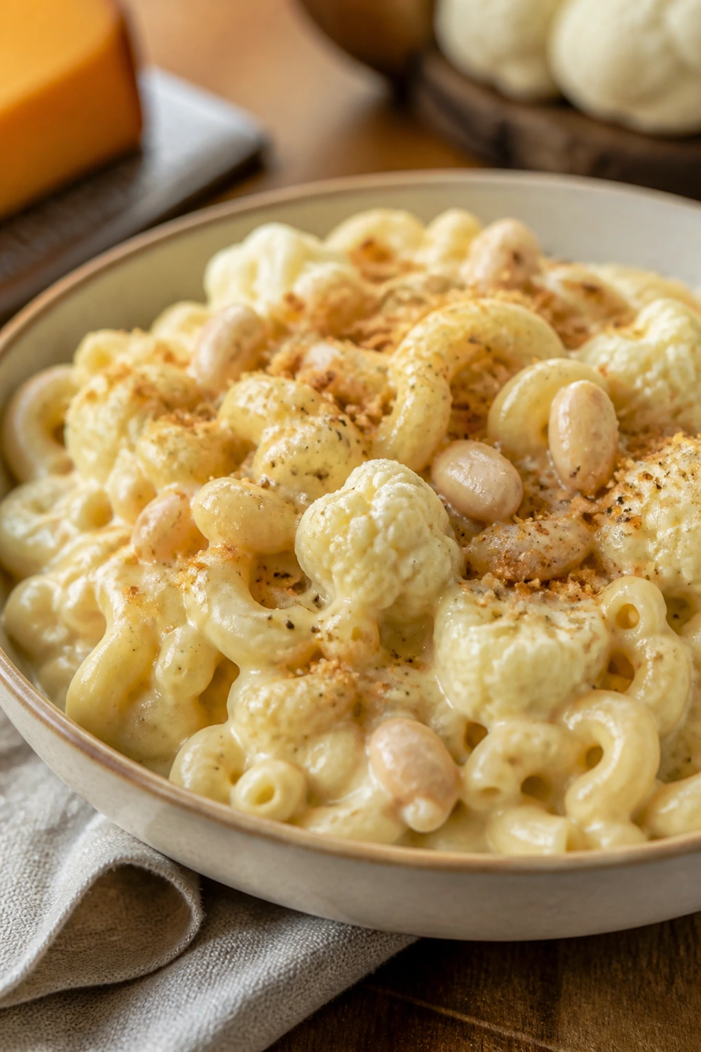 Creamy cauliflower mac and cheese with white beans in a bowl.