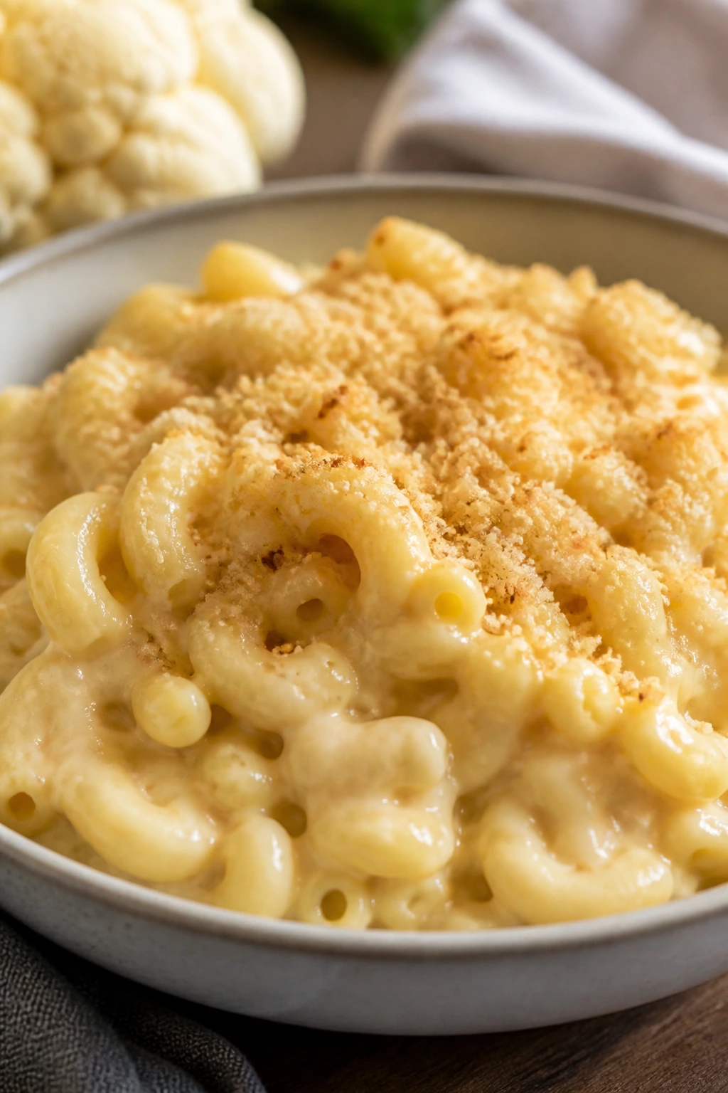 Creamy mac and cheese with hidden cauliflower in a bowl