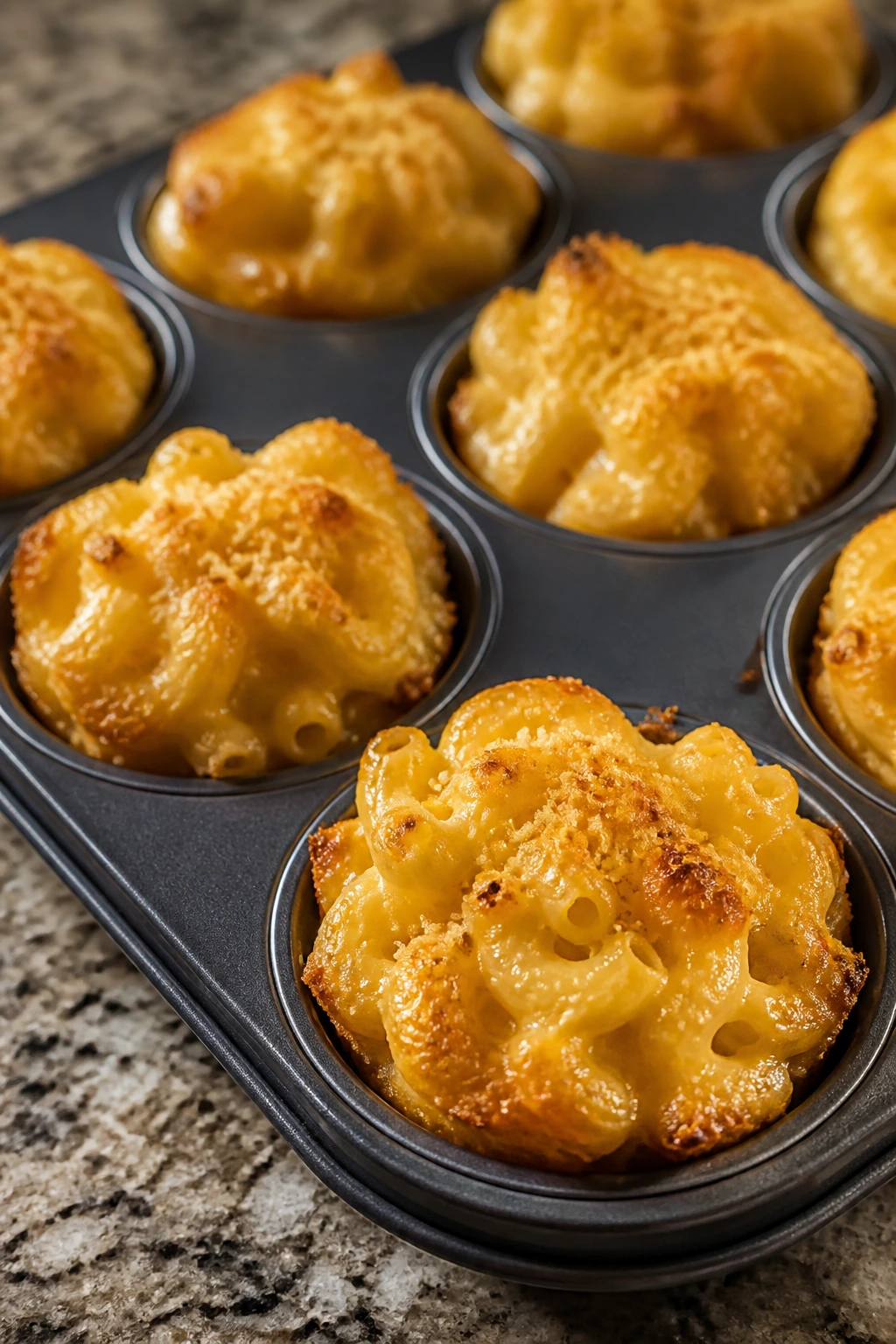 Close-up of baked mac and cheese cups in a muffin tin
