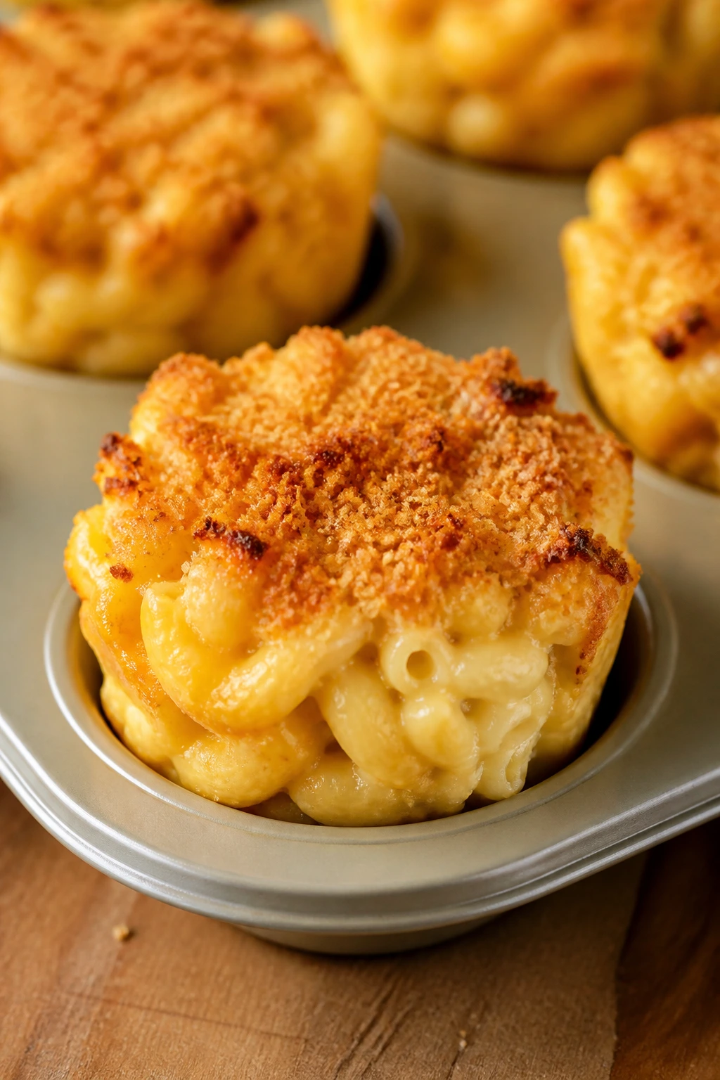Close-up of a baked mac and cheese cup with a creamy center