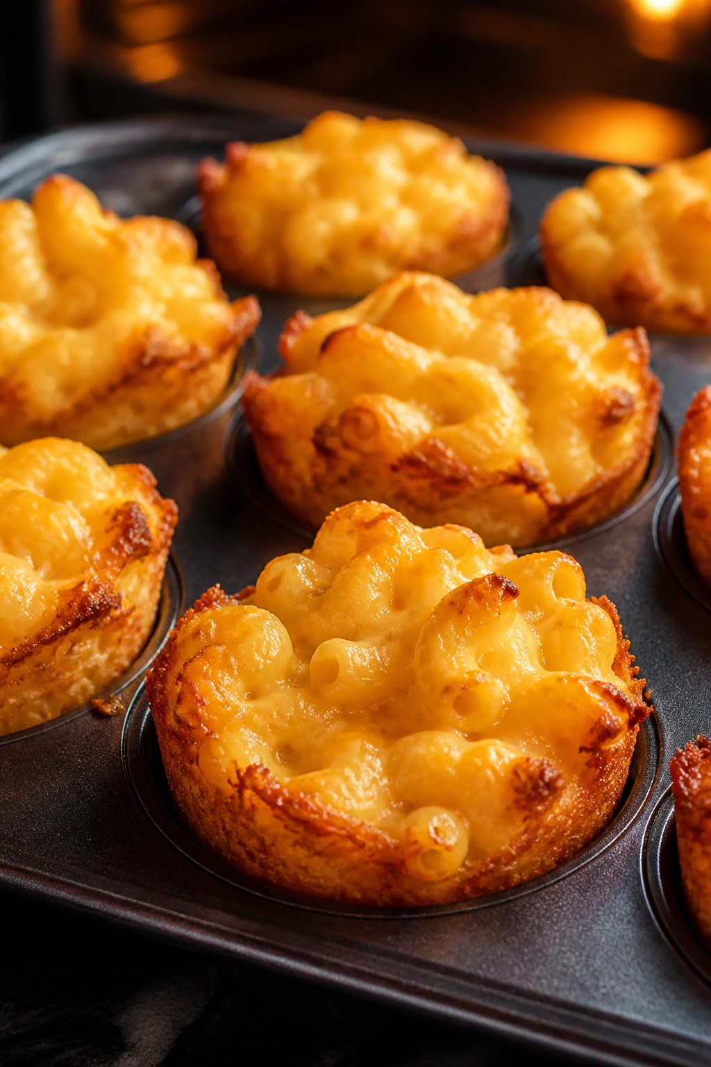 Close-up of golden baked mac and cheese cups in muffin tin