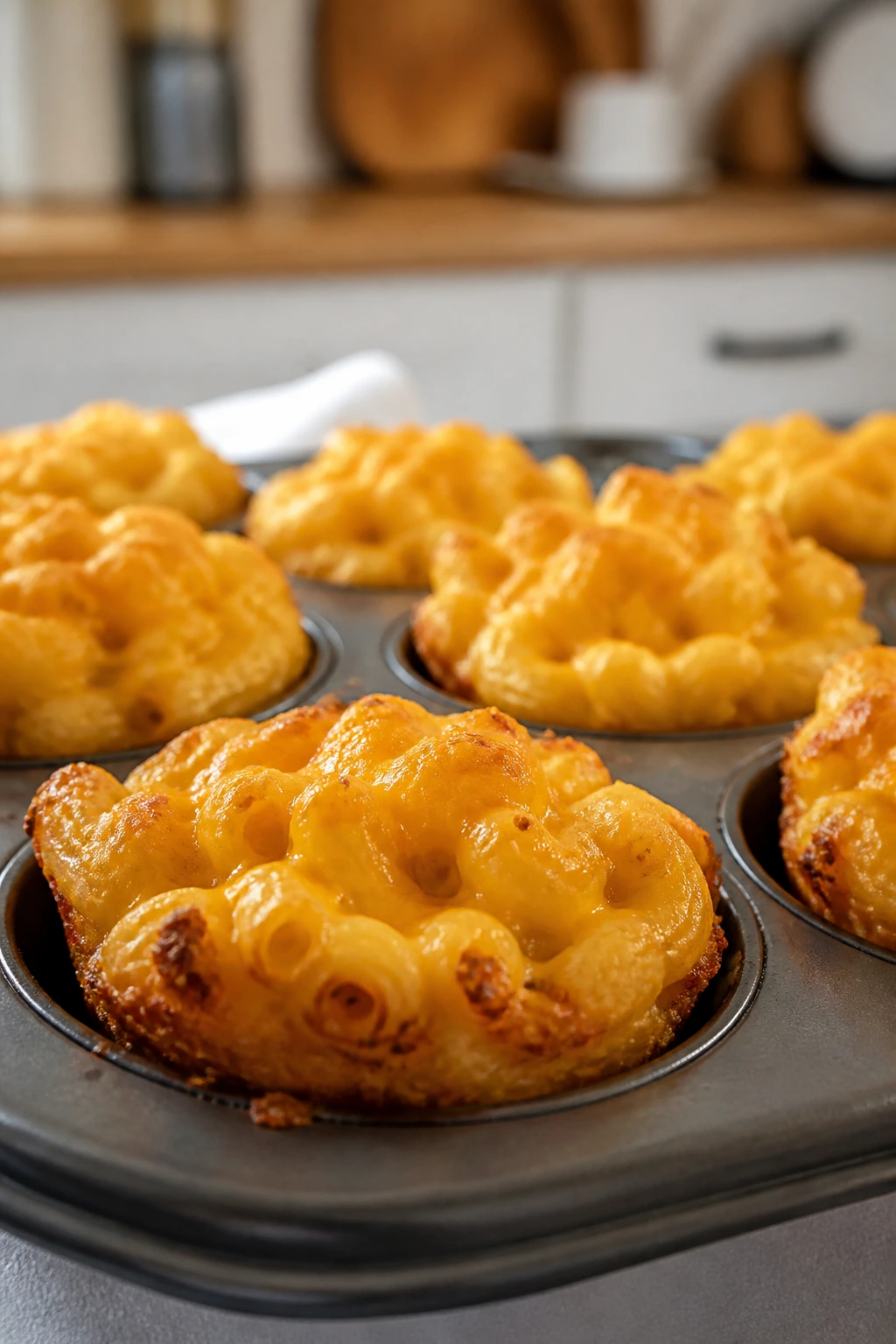 Close-up of macaroni cheese muffins in a muffin tin