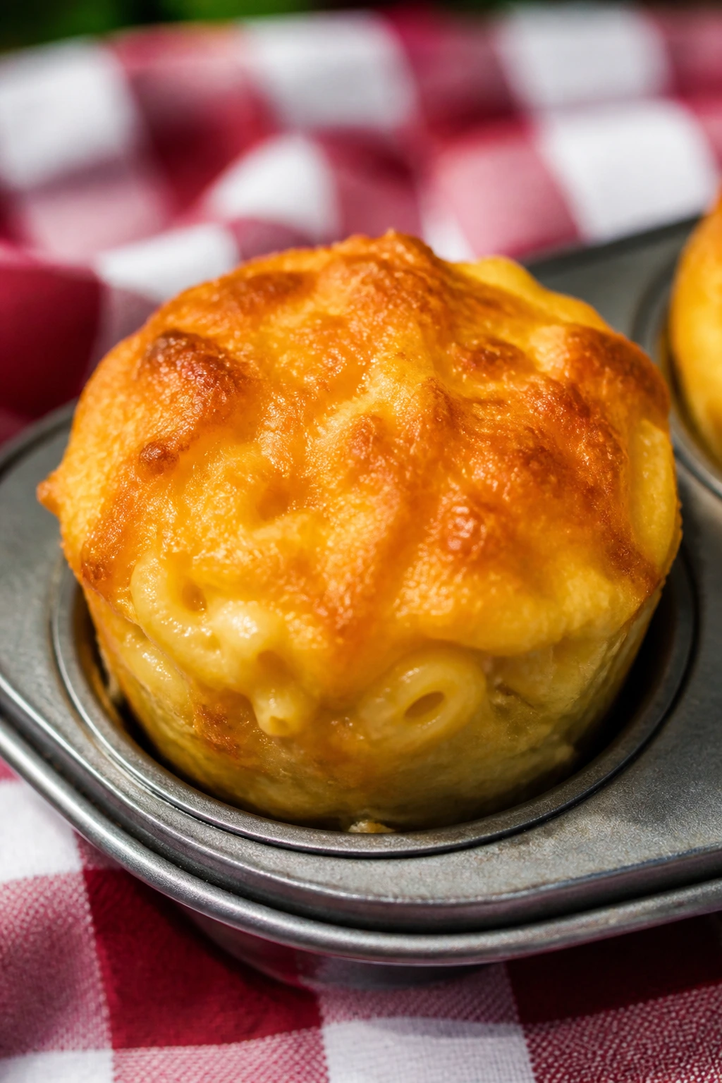 Close-up of a mac and cheese muffin on a picnic blanket