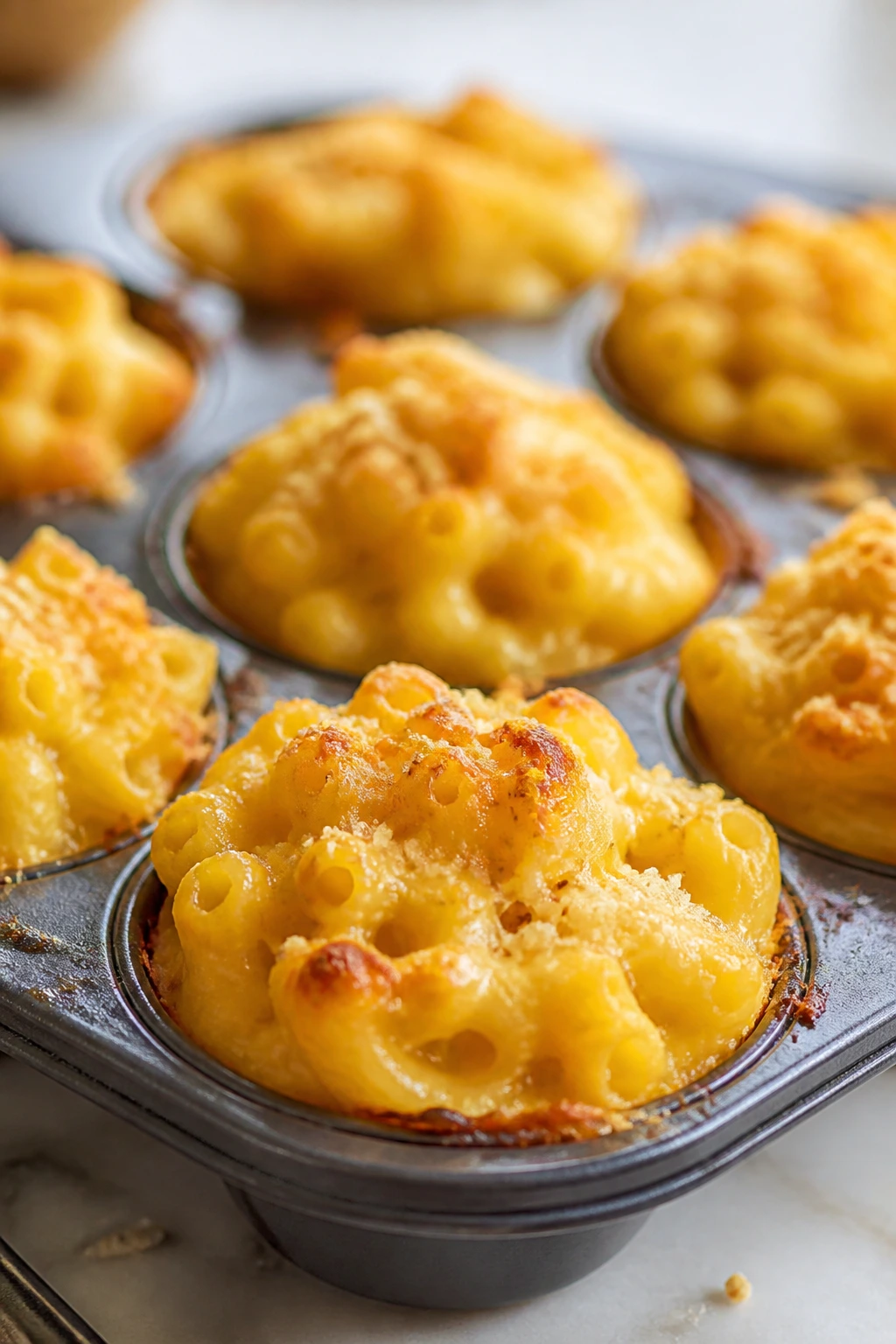 Mac and cheese muffins in a tin on a bright kitchen counter