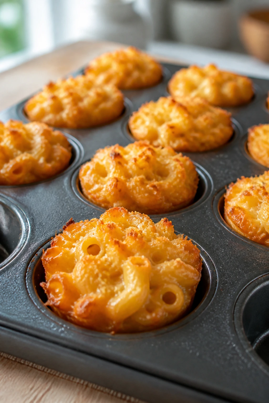 Close-up of macaroni and cheese muffins with golden edges in a muffin tin on a kitchen counter.