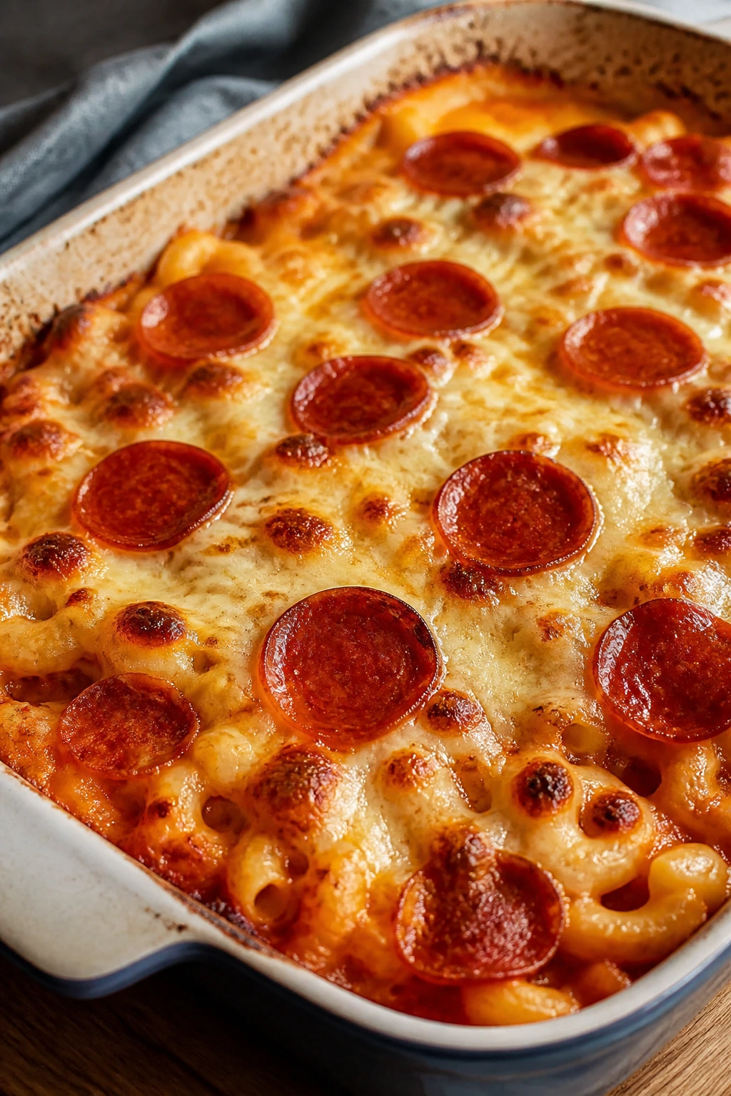 Baked macaroni and cheese pizza bake with pepperoni on top.