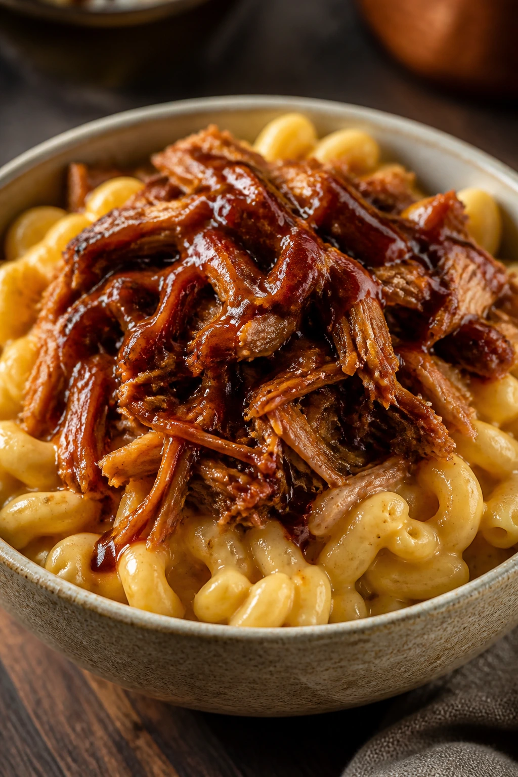 Mac and cheese bowl topped with pulled pork in a warm kitchen