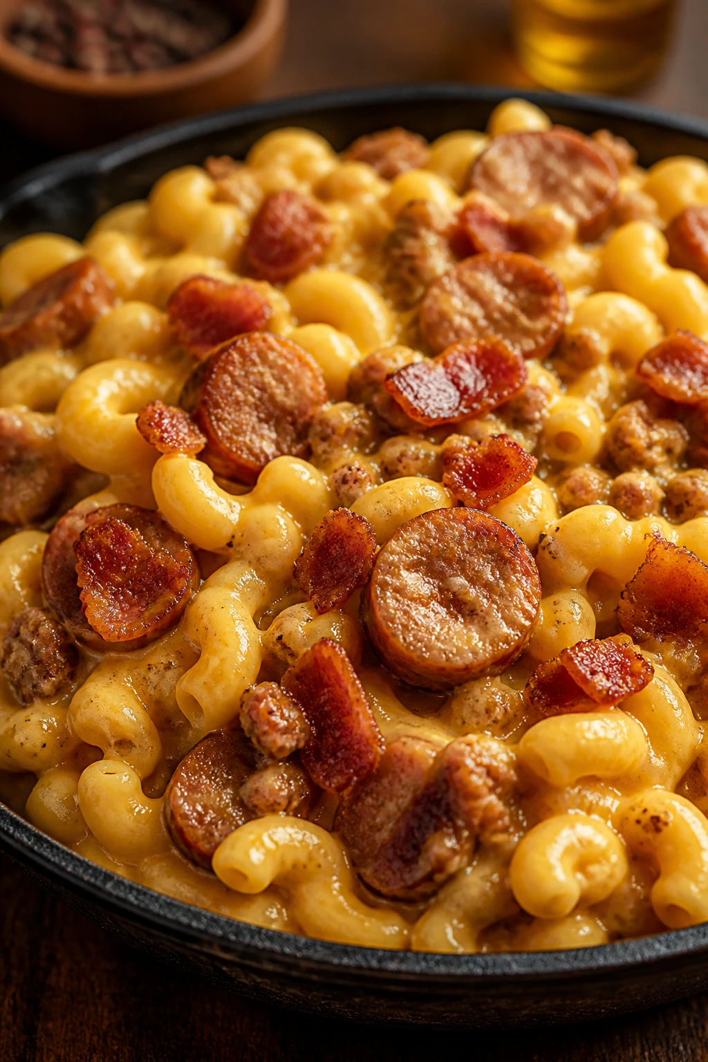 Creamy macaroni with sausage and bacon in a dish