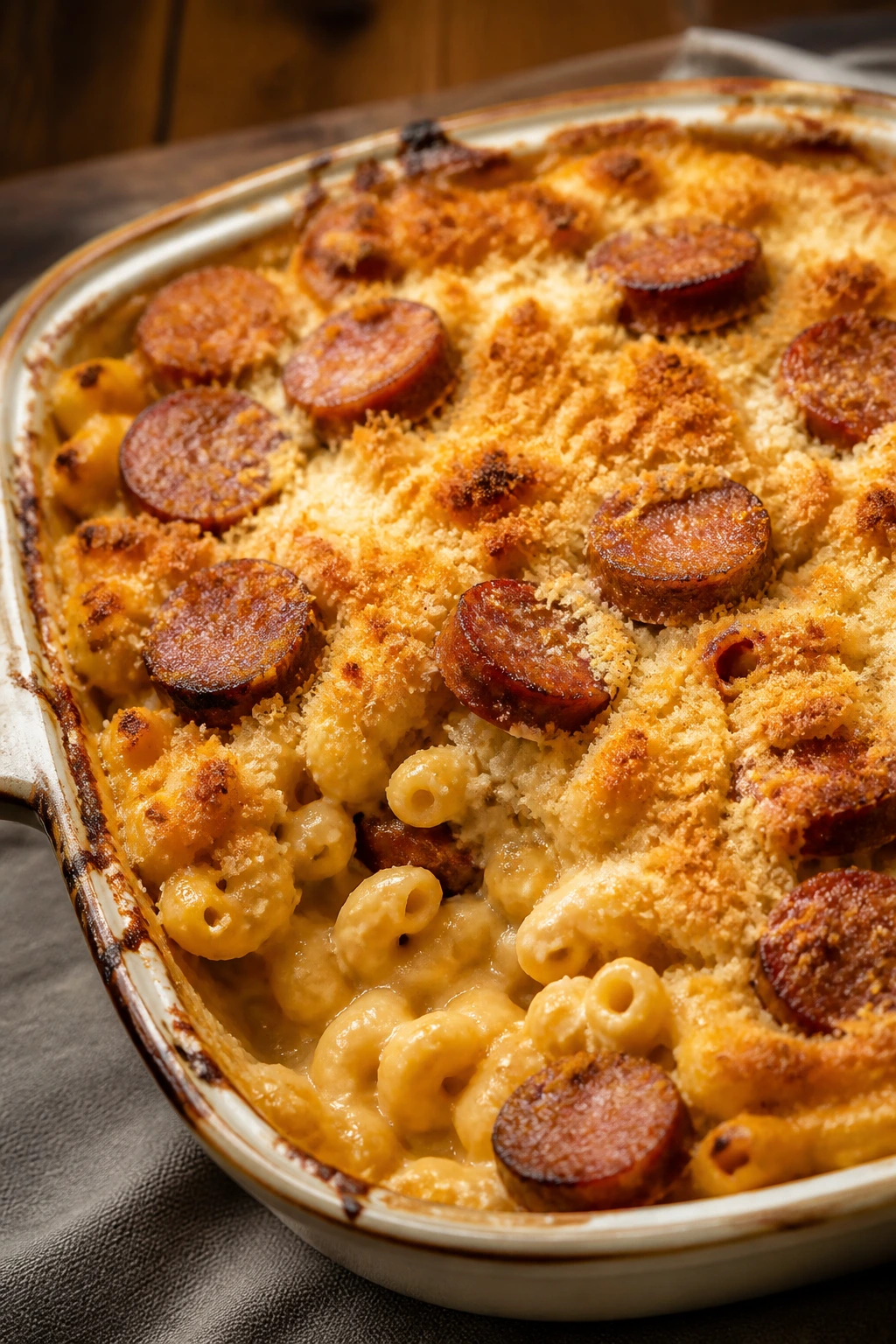 Creamy mac and cheese with smoked sausage in a baking dish.