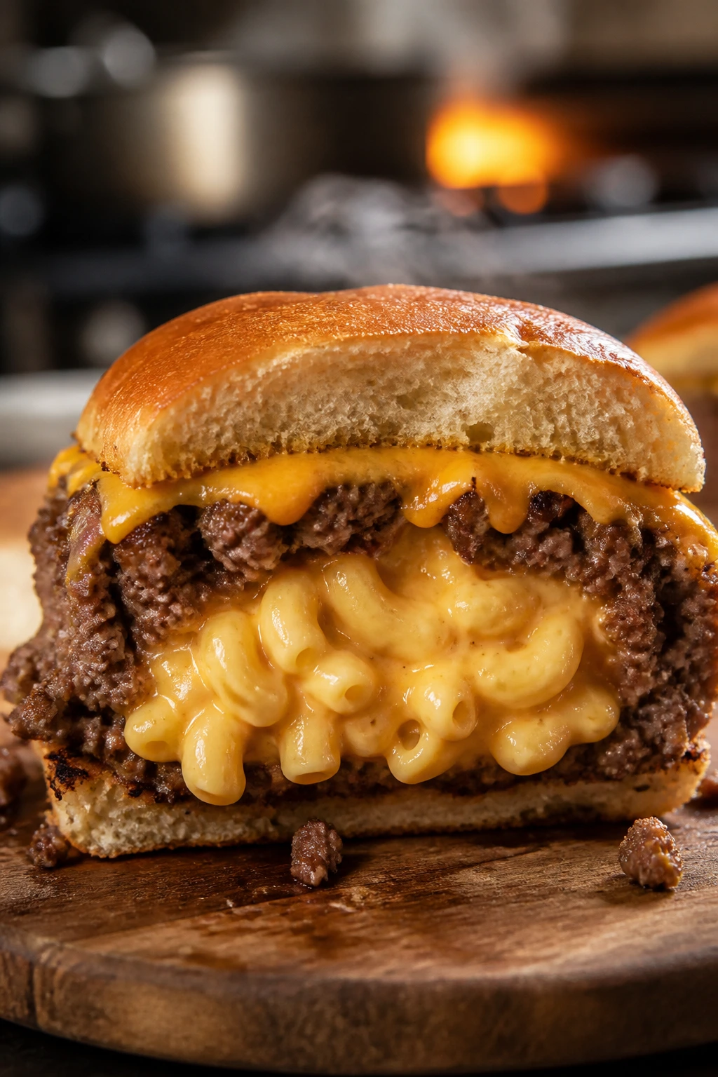Close-up of Mac and Cheese Stuffed Sliders with creamy mac and cheese filling and beef patty
