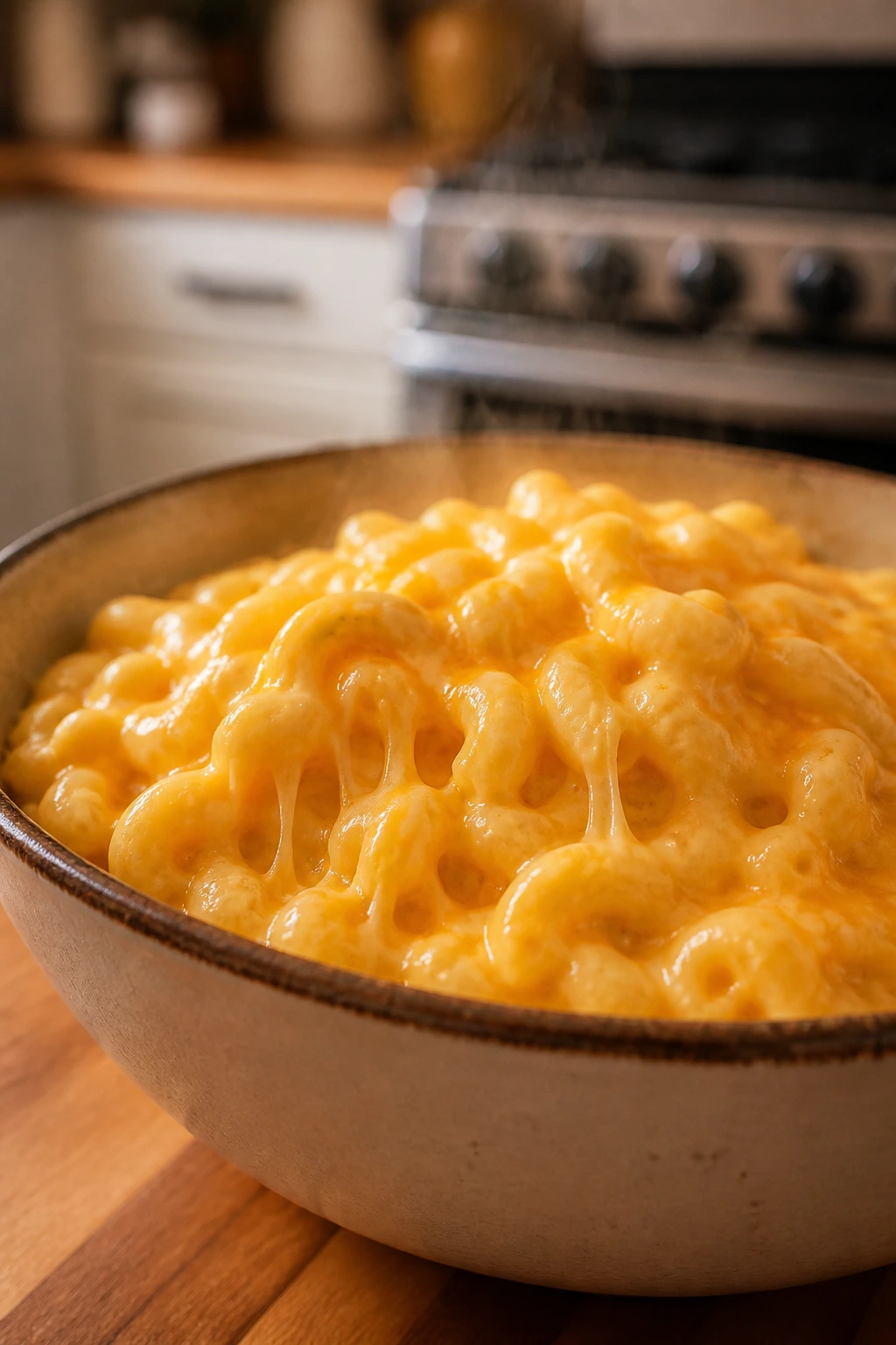 Creamy macaroni and cheese in a warm bowl with melted cheddar and steam