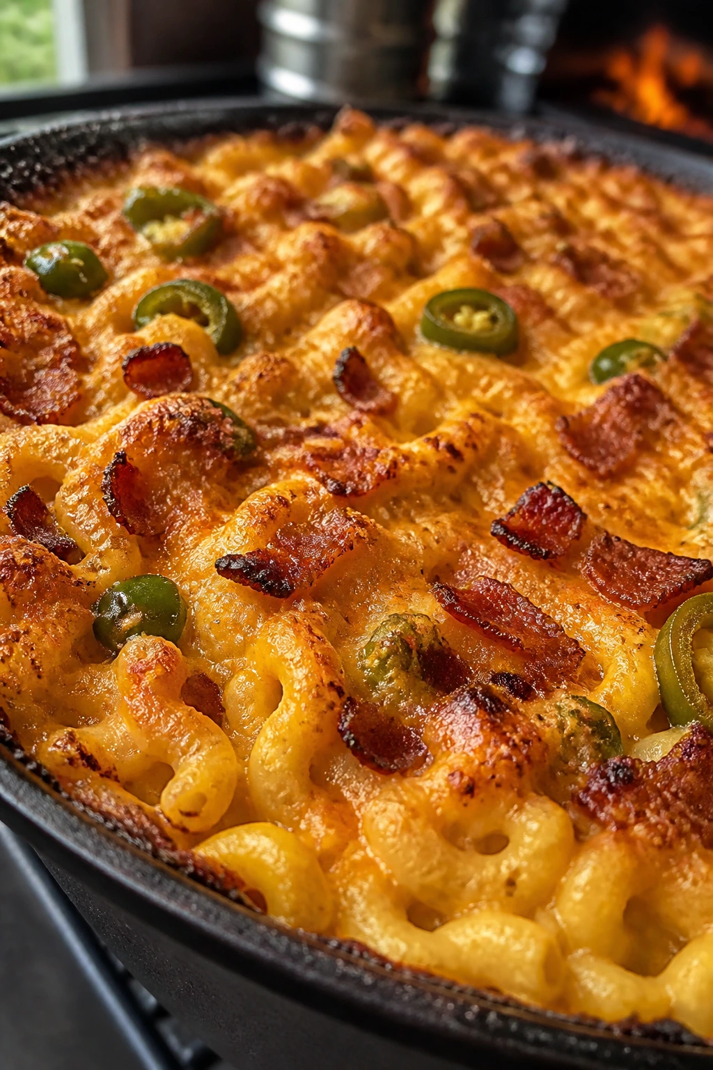 Pan of smoked macaroni and cheese with bacon and jalapeños, bronzed crust.