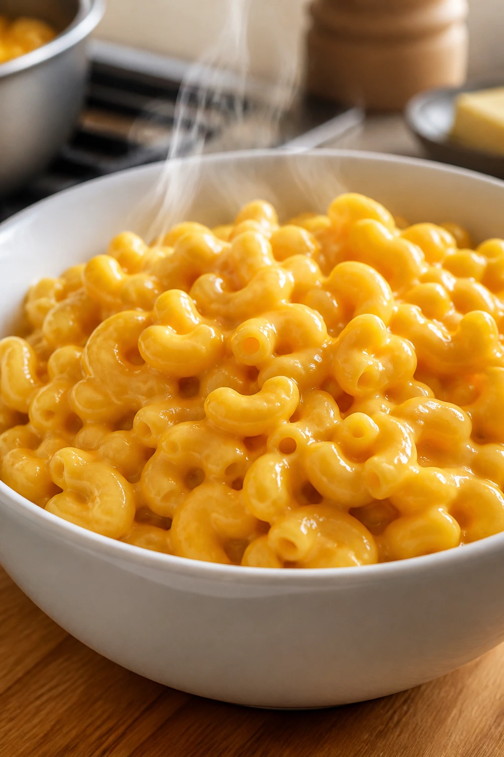 Creamy stovetop mac and cheese in a white bowl