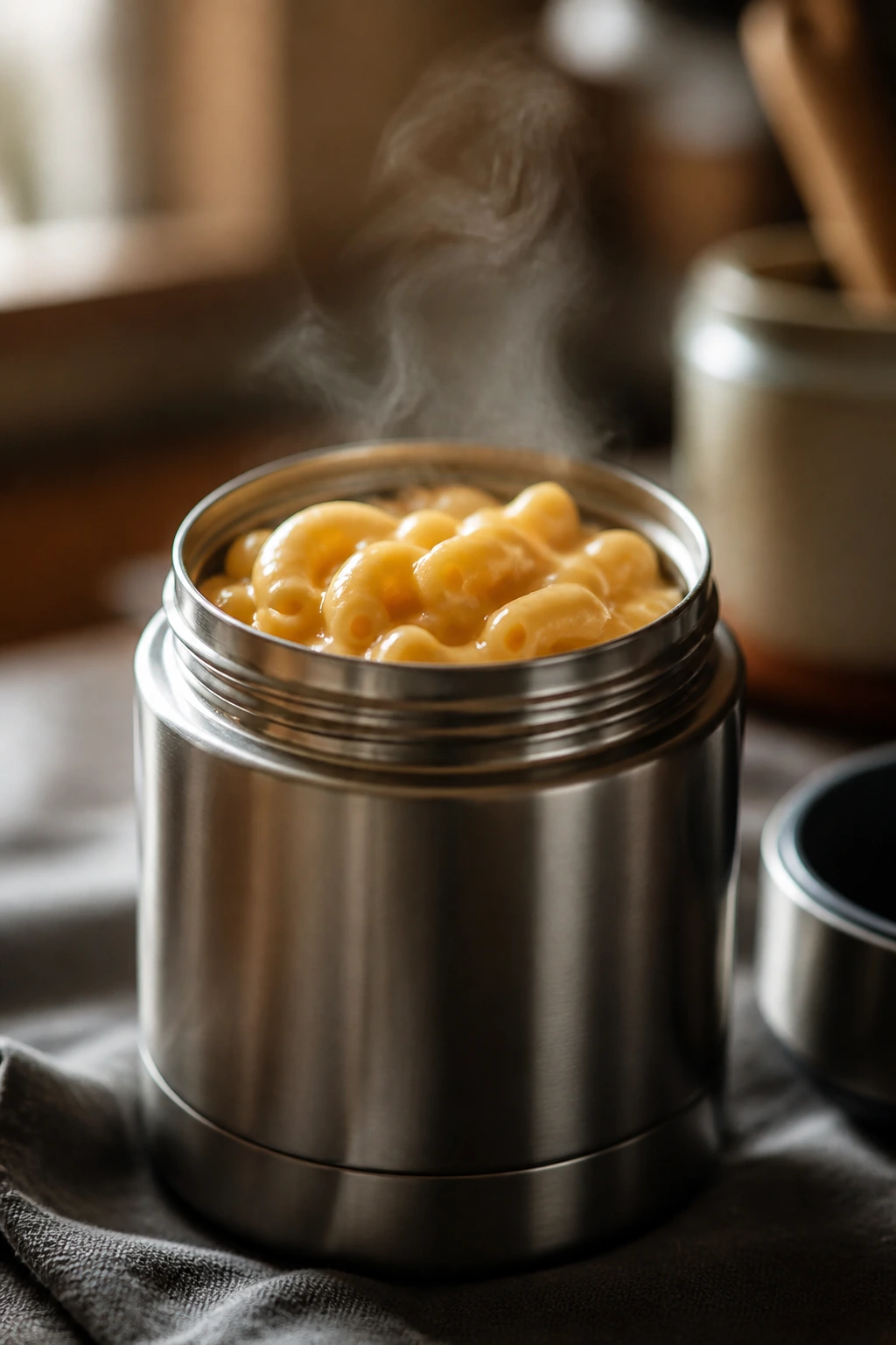 Close-up of mac and cheese inside a thermos