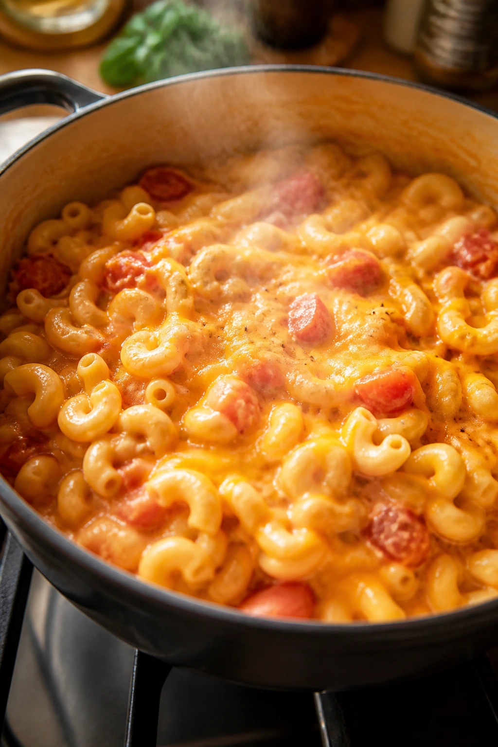 Close-up of tomato mac and cheese in a pot on a stove