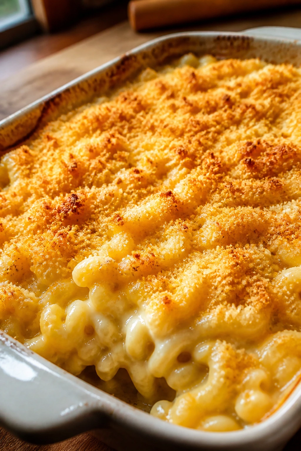 Close-up of baked mac and cheese with golden breadcrumb topping in a baking dish