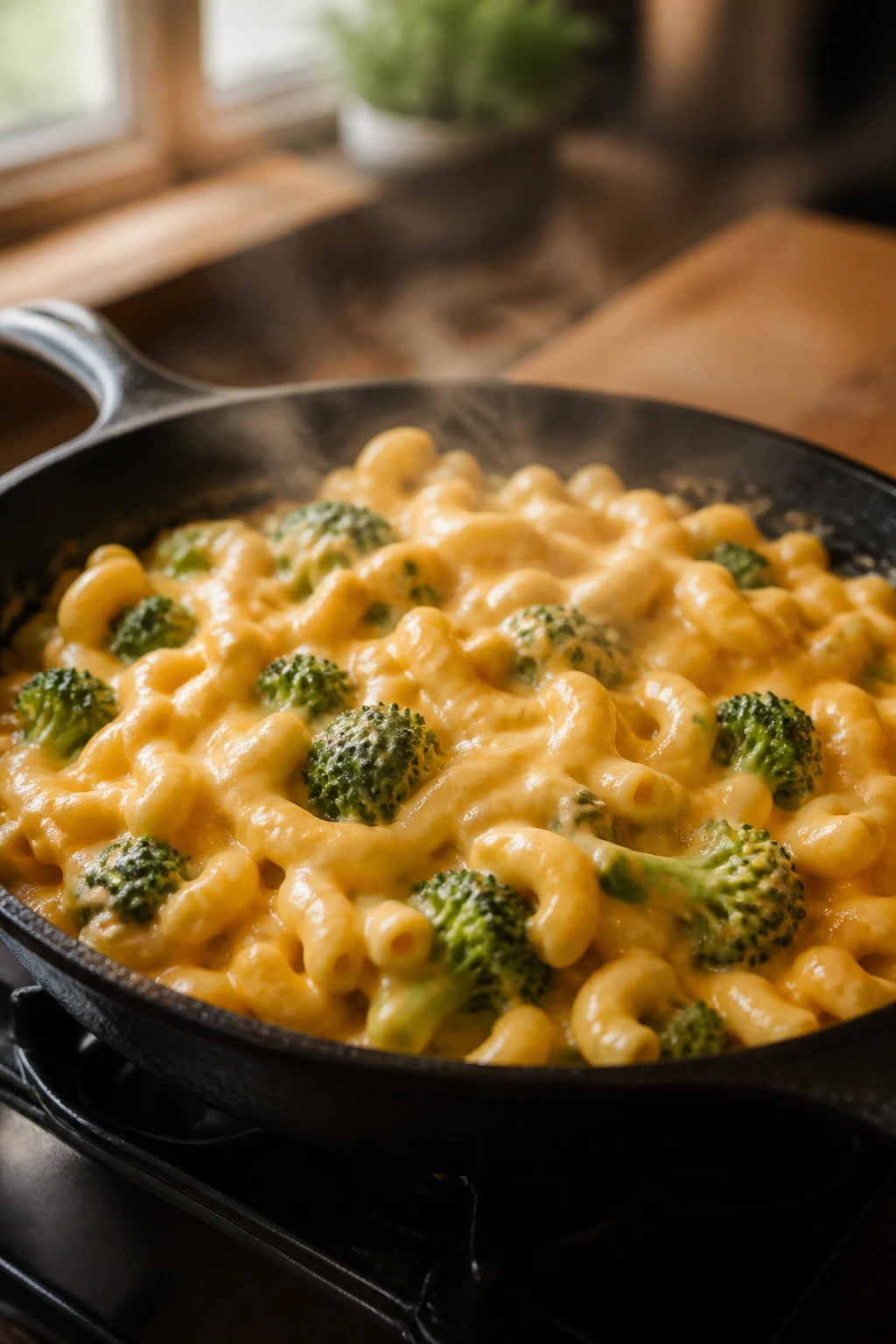 Creamy macaroni and cheese with broccoli in a skillet.