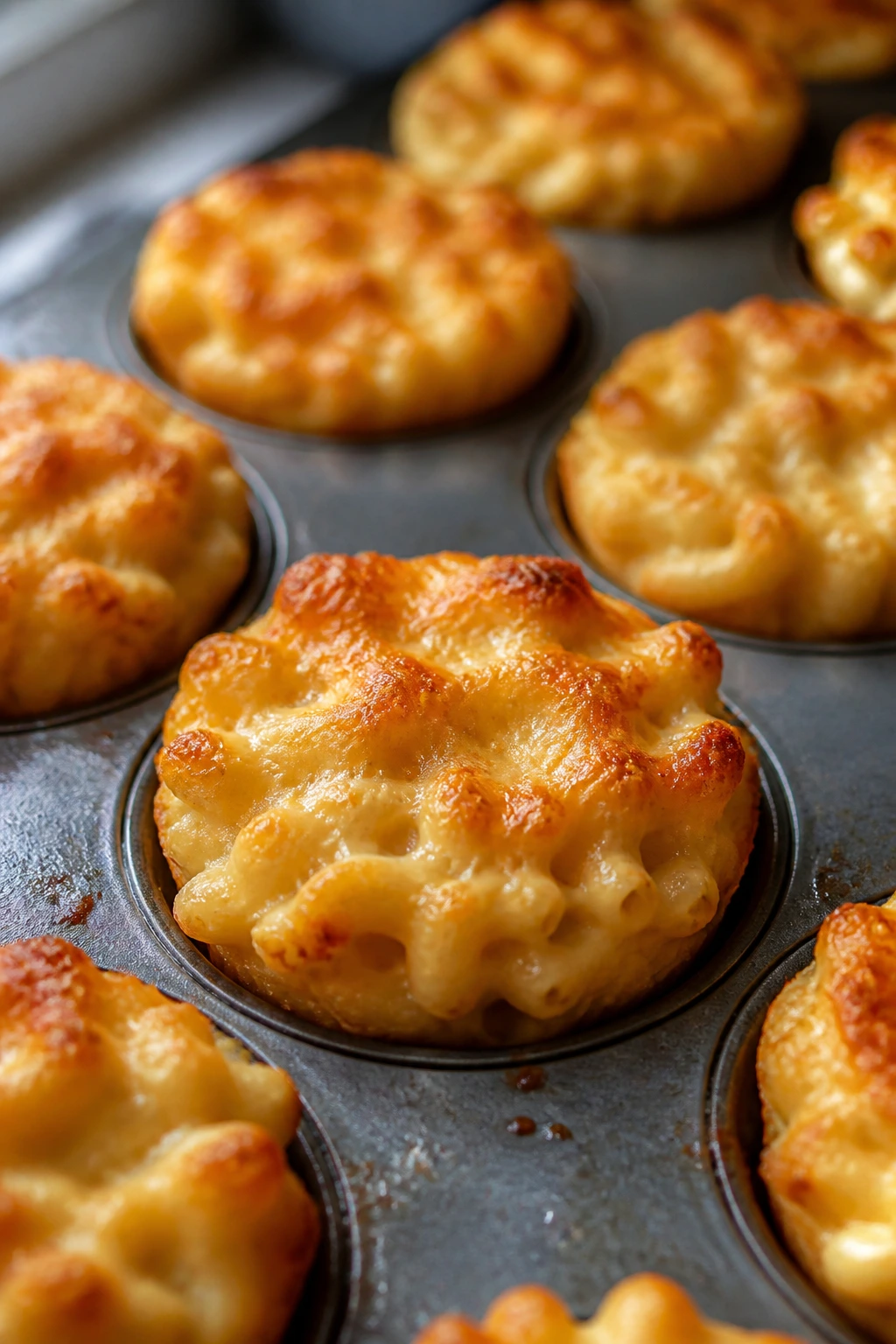 Close-up of browned-topped macaroni cheese muffins filling the frame.