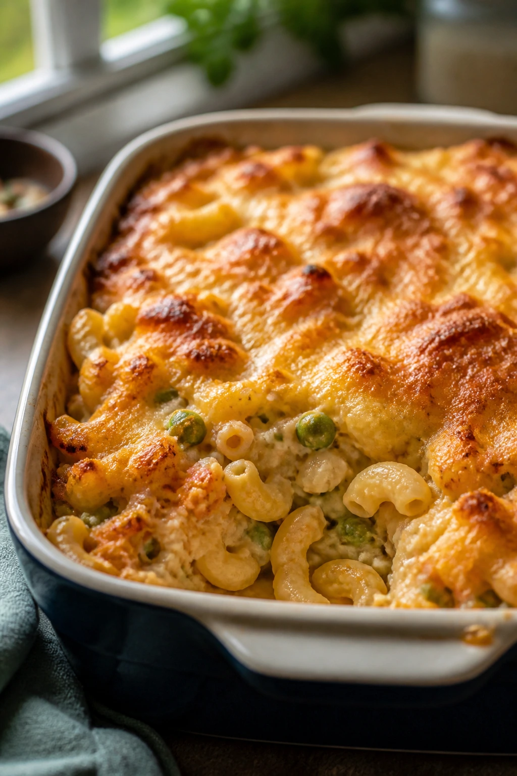 Macaroni bake with cauliflower and peas in a baking dish