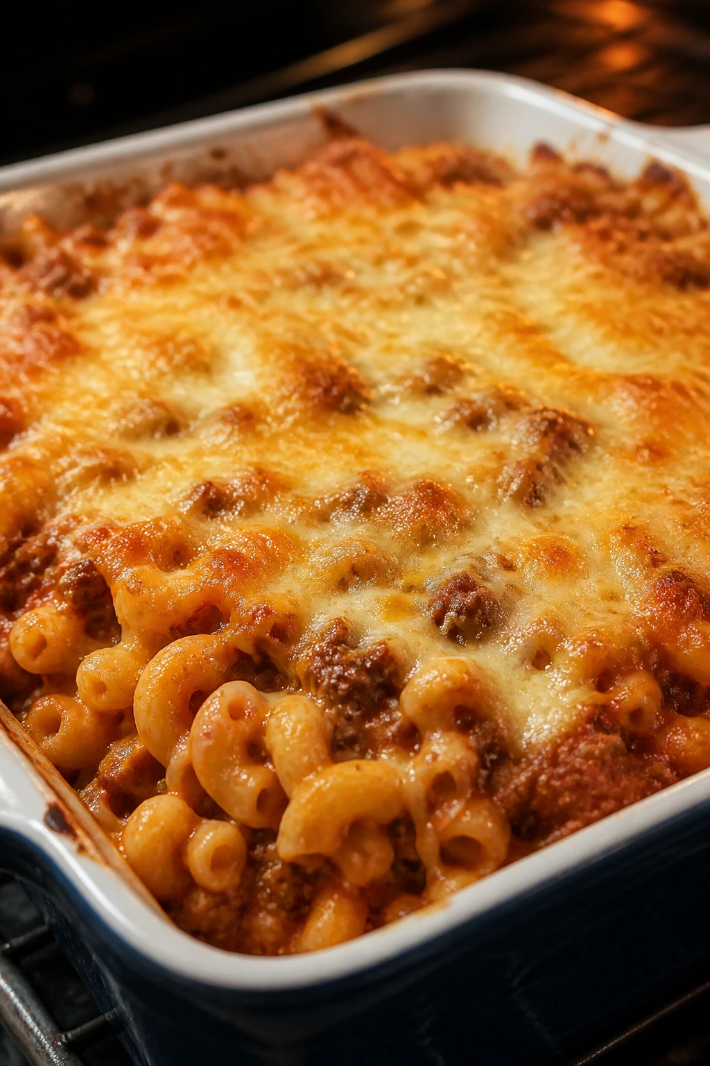Close up of macaroni beef bake with melted cheese in a baking dish