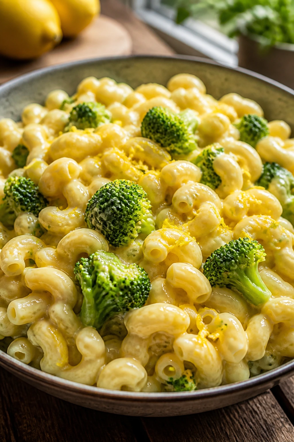 Close-up of creamy lemon broccoli mac and cheese in a bowl with broccoli and lemon zest