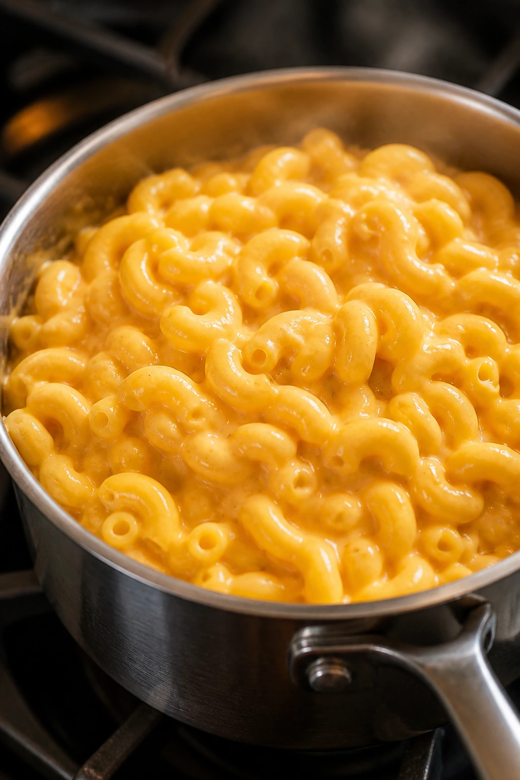 Close-up of creamy stovetop mac and cheese in a saucepan on a warm stove