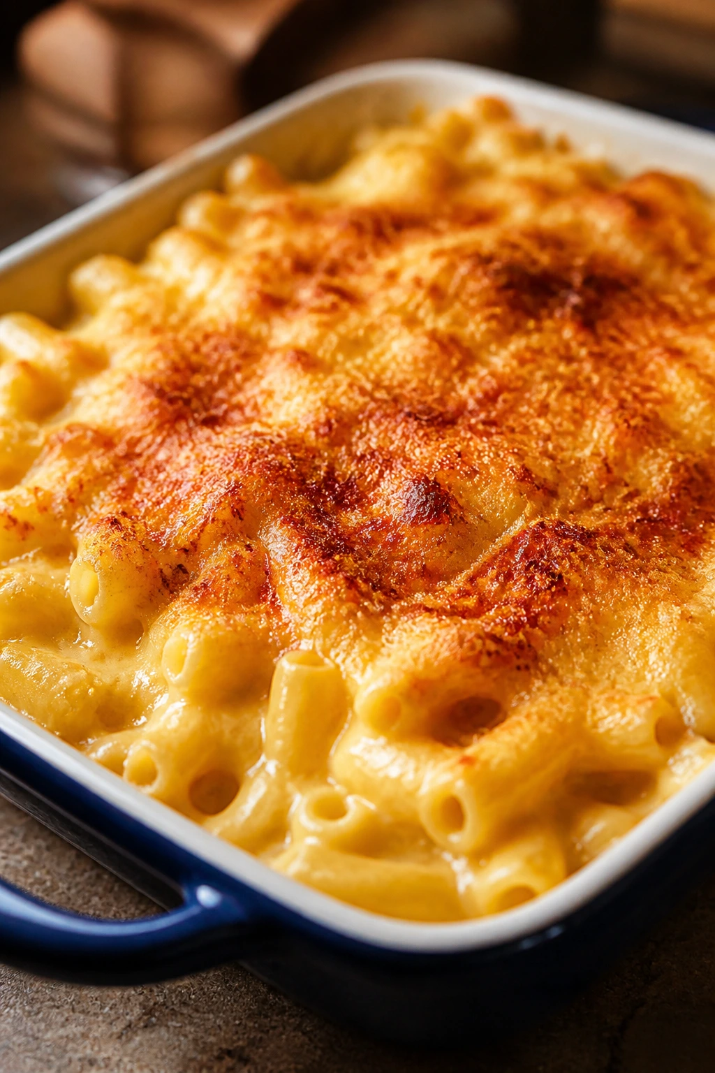 Close-up of bubbling baked macaroni and cheese with a crisp Parmesan crust
