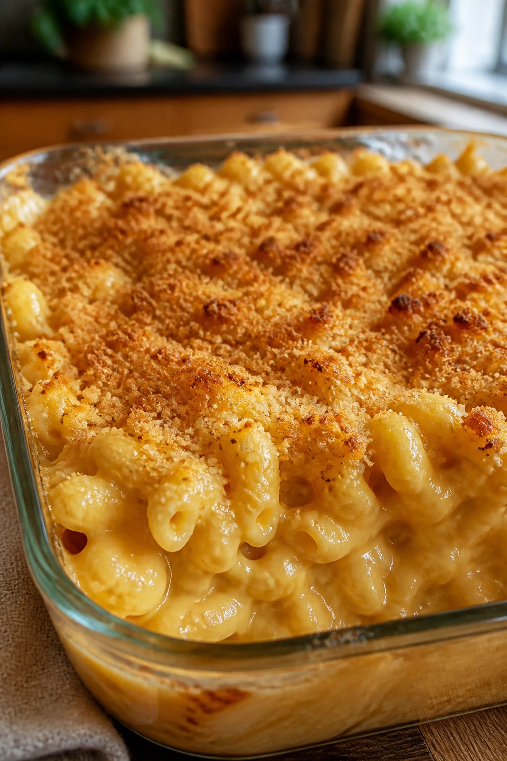 Bubbling mac and cheese with crispy breadcrumb top