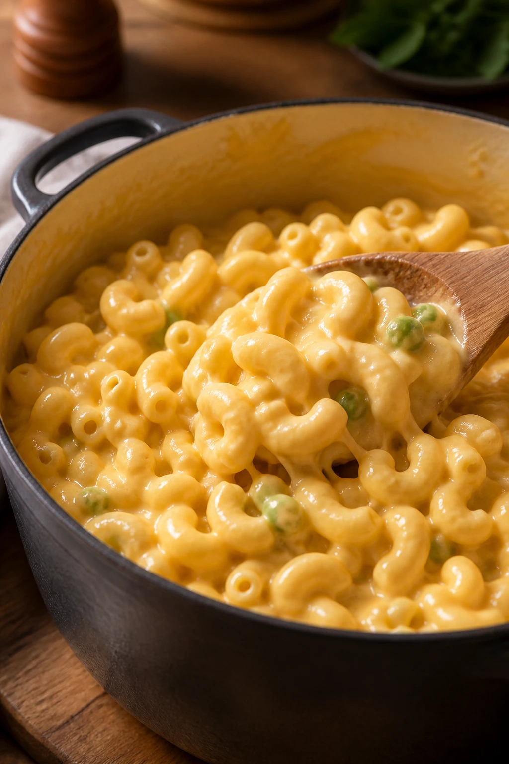 Creamy stovetop mac and cheese with a hint of peas