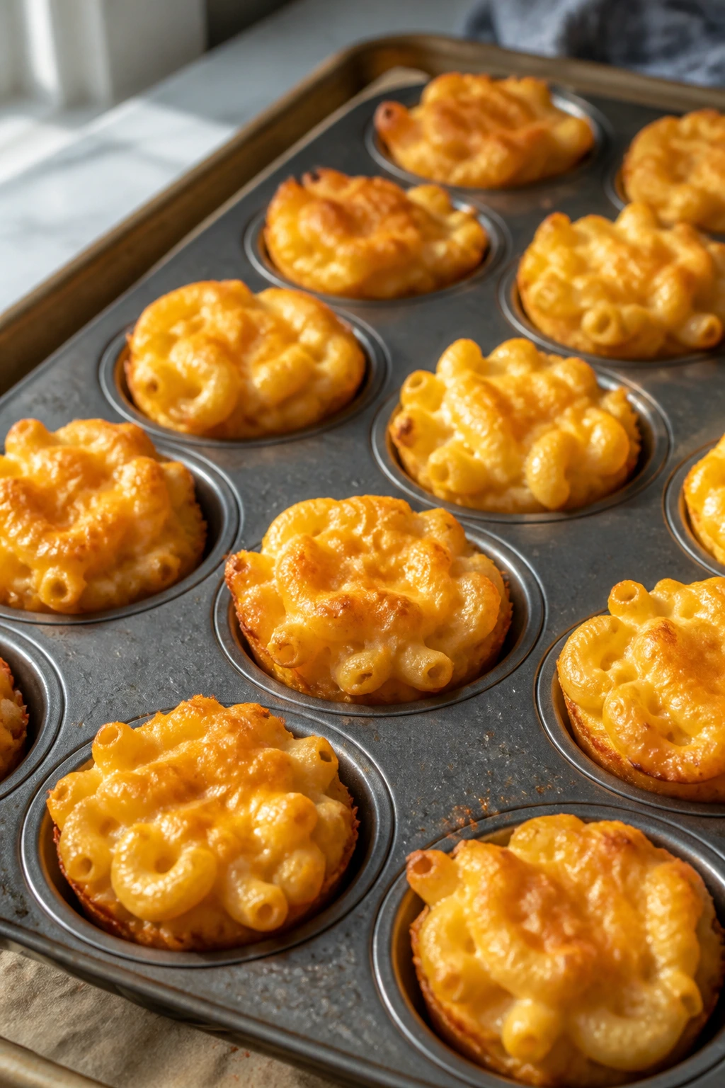 Close-up of mini mac and cheese cups with crispy edges in a muffin tin