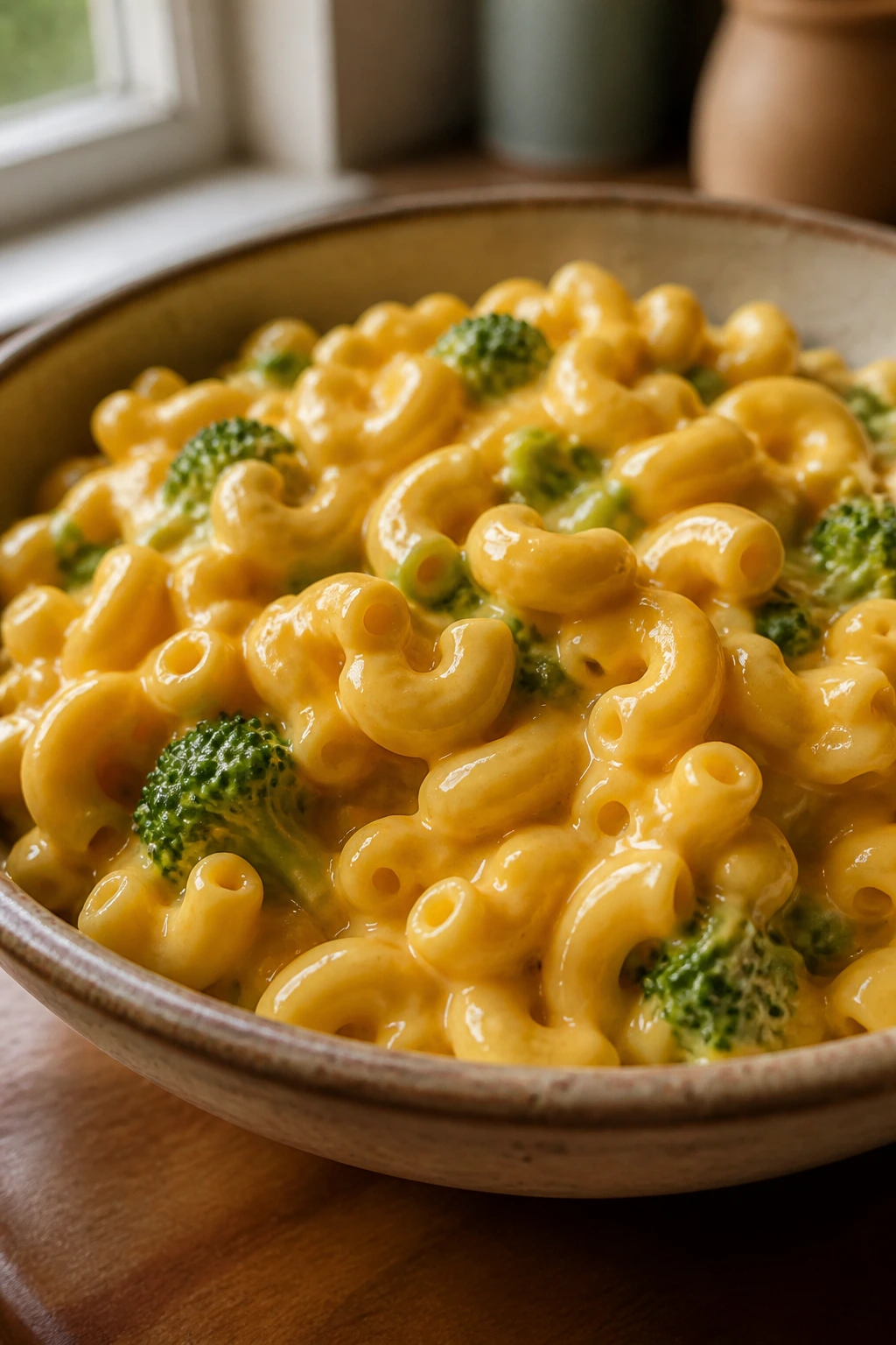 Creamy macaroni and cheese with elbow pasta in a rustic bowl