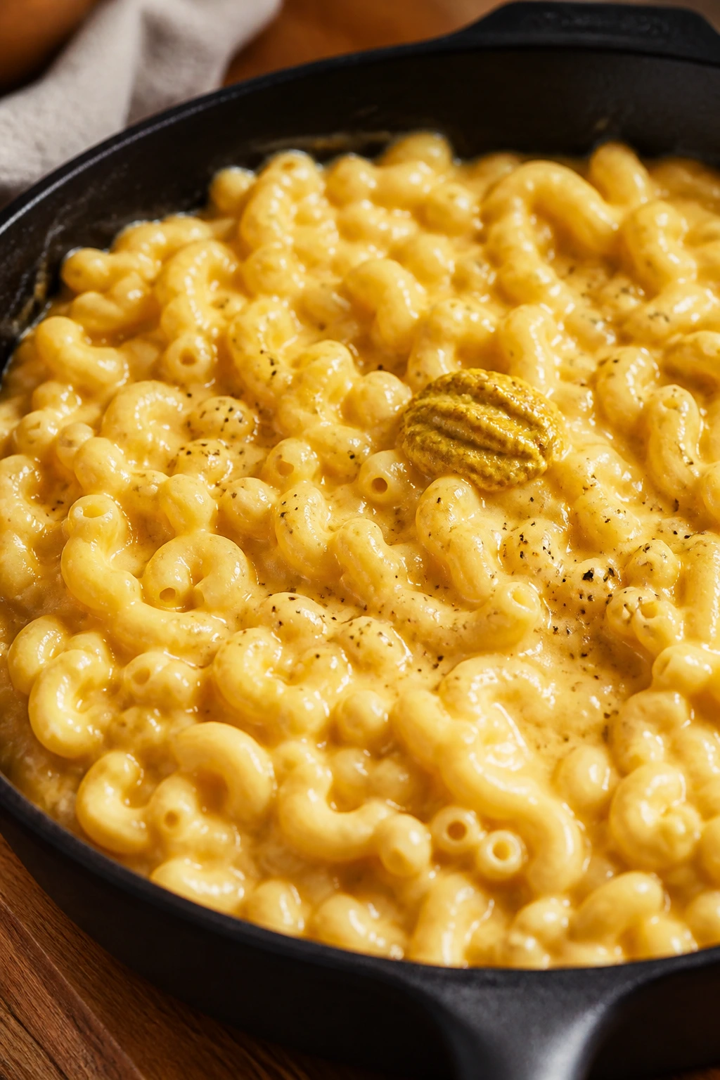 Creamy macaroni and cheese with evaporated milk in a skillet