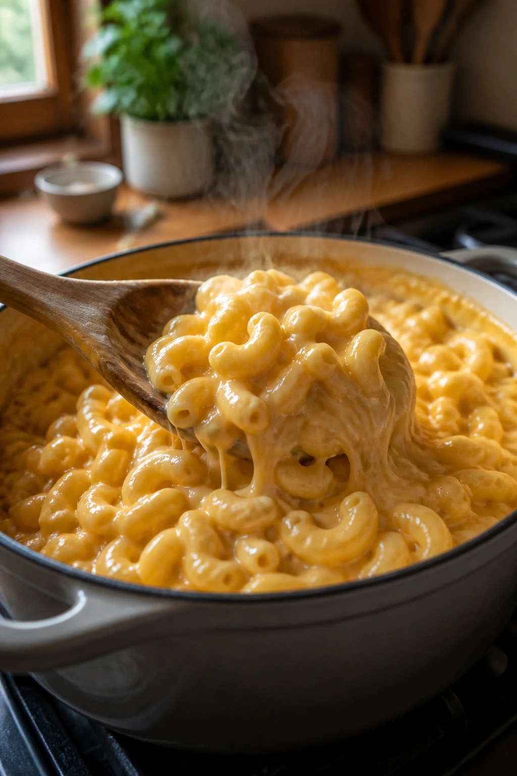 Close-up of creamy one-pot macaroni and cheese in a pot with steam in a warm kitchen