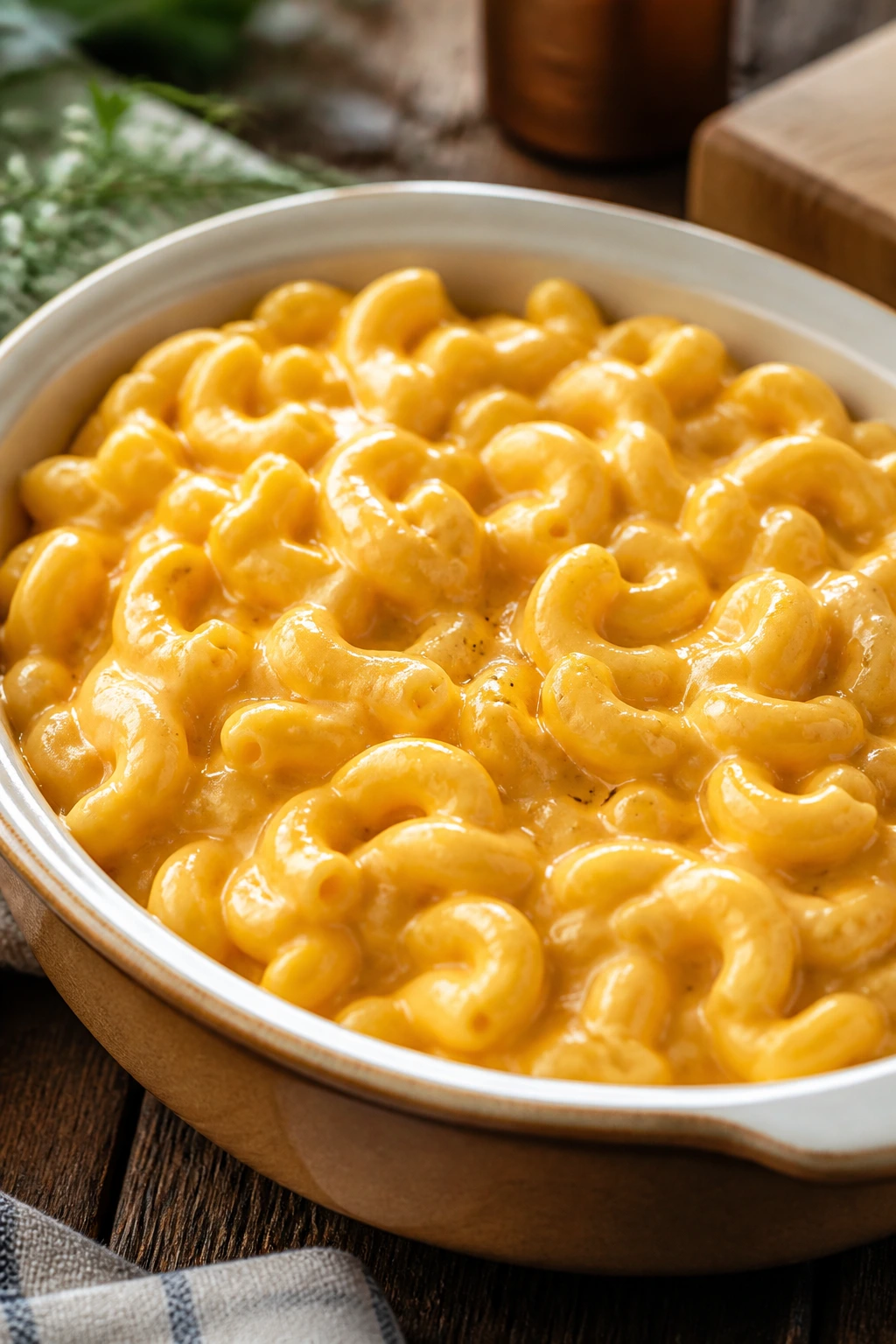 Creamy macaroni and cheese in a warm dish with cheddar sauce