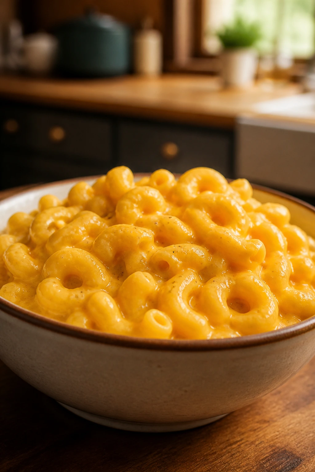 Close-up of creamy macaroni and cheddar in a glossy bowl in a cozy kitchen