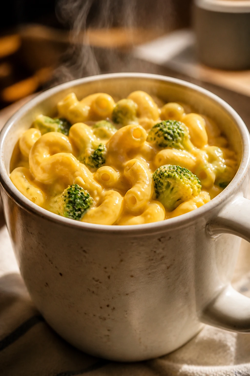 Close-up of broccoli cheddar mac in a mug