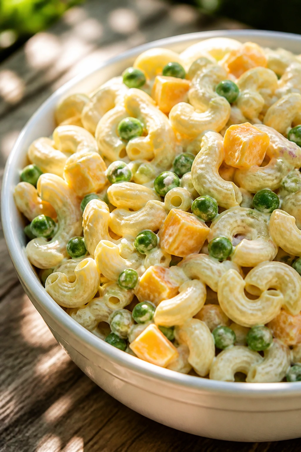 Close-up of macaroni salad with peas and cheddar in a bowl on a wooden picnic table.