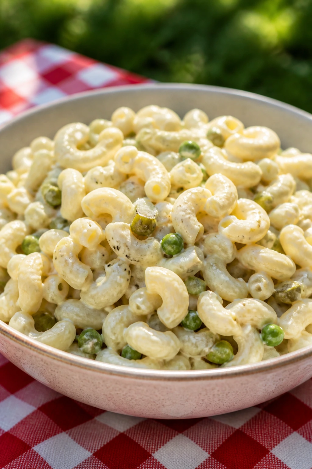 Creamy macaroni salad with pickles and peas in a bowl on a picnic table