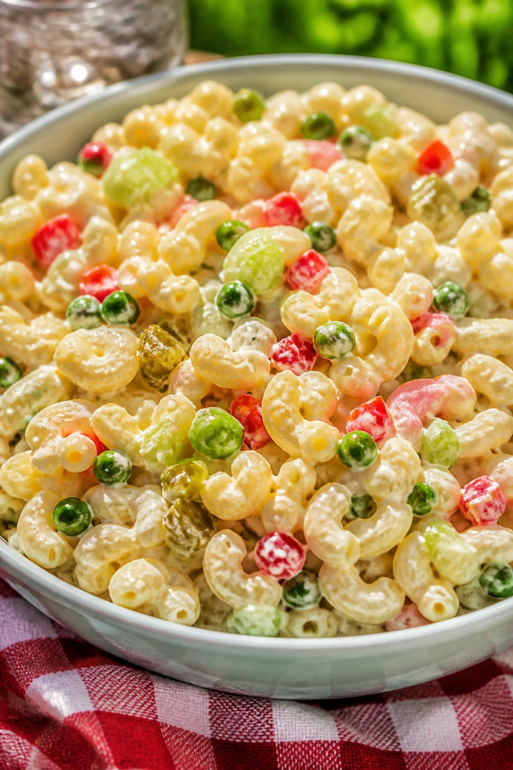 Macaroni salad with celery and peas in a bowl