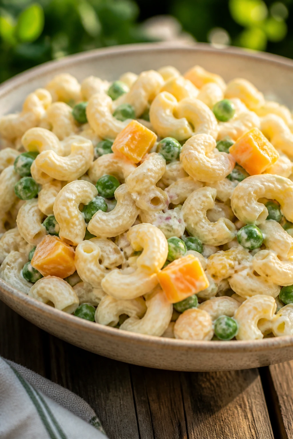 Close-up of creamy macaroni salad with peas and cheddar