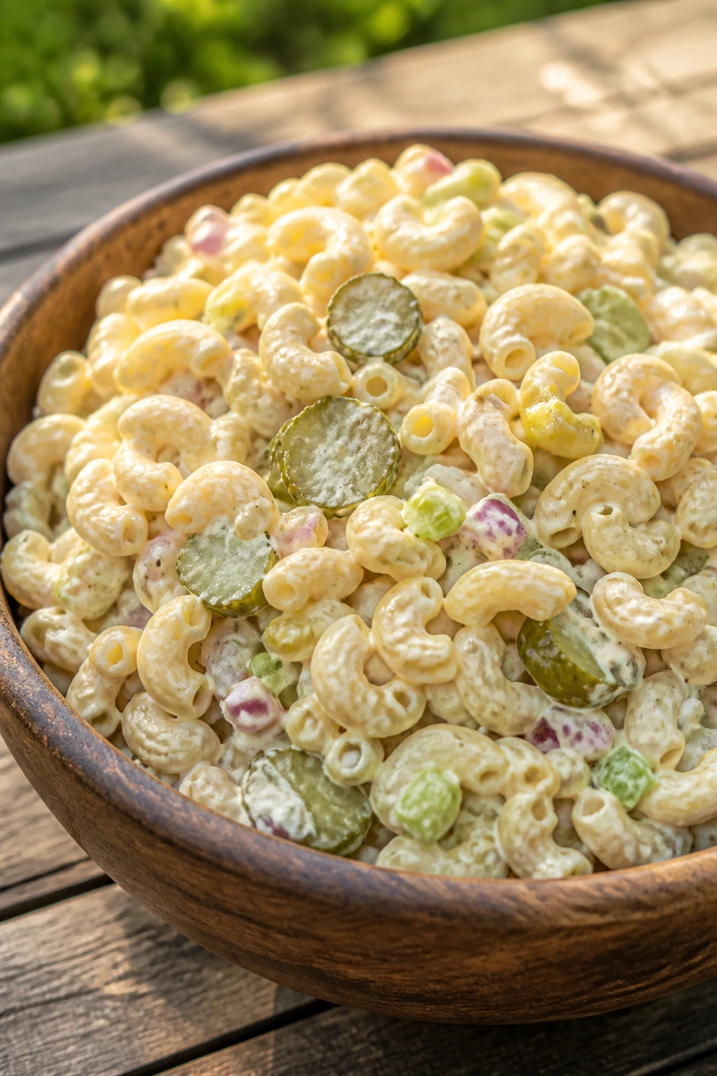 Close-up of creamy macaroni salad with pickles on a rustic bowl