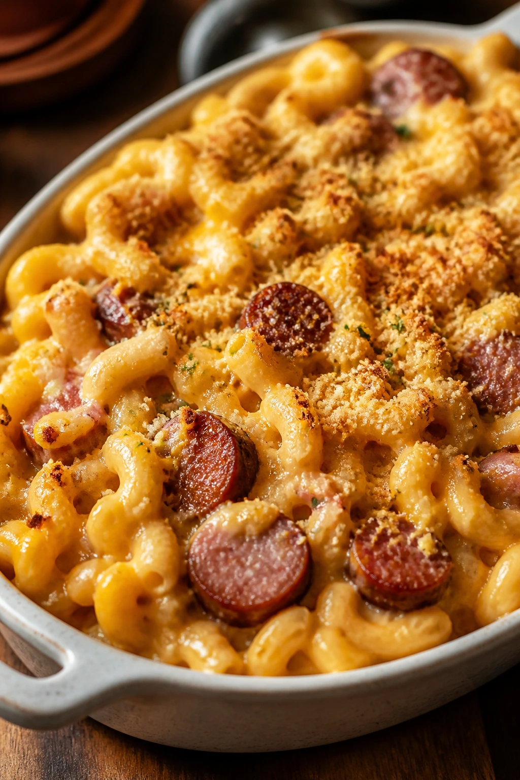Creamy mac and cheese with sausage on a rustic wooden surface