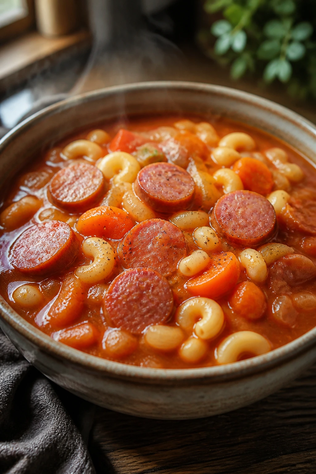 Close-up of macaroni and smoked sausage in tomato soup