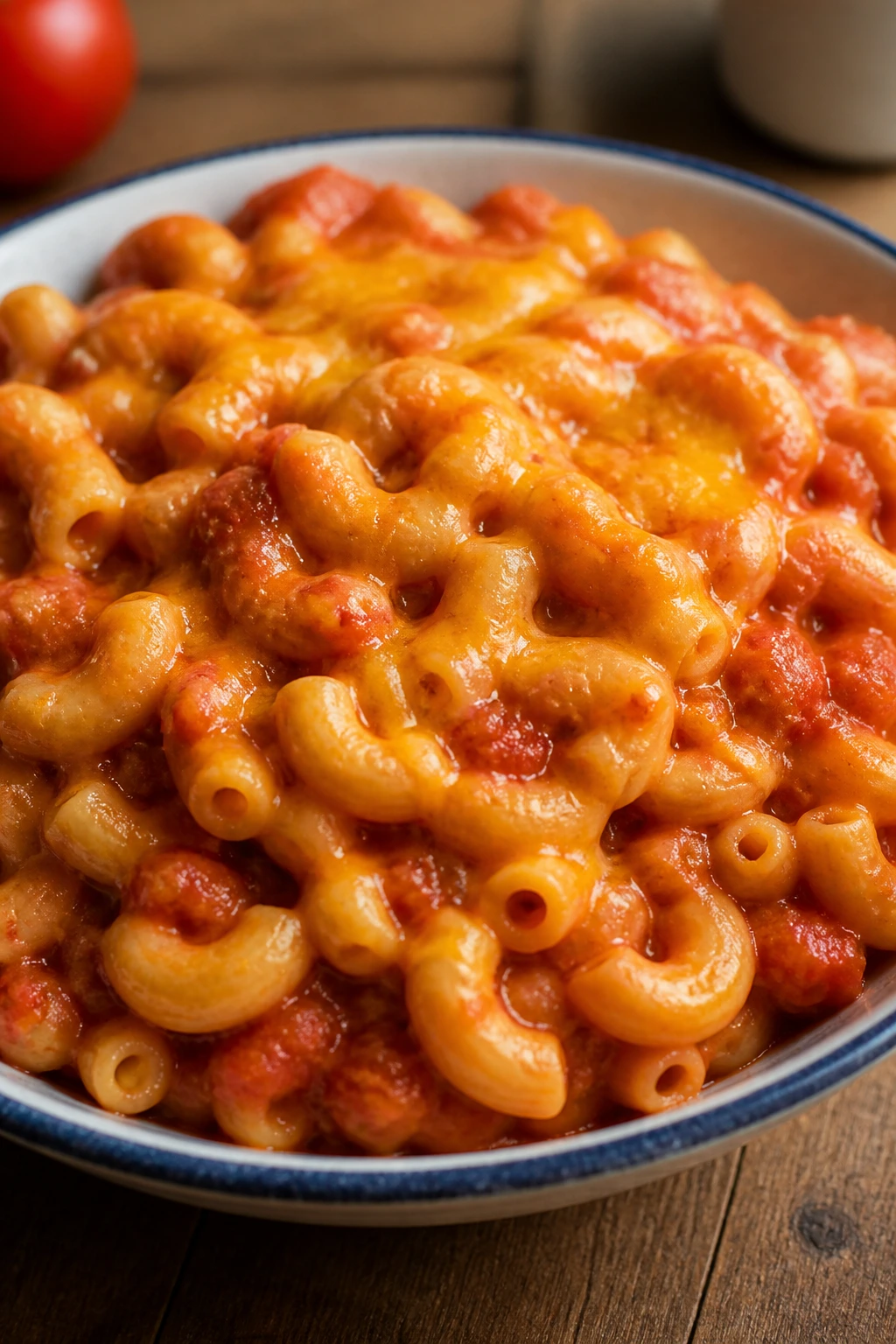 Elbow macaroni in tomato sauce with melted cheddar in a rustic bowl