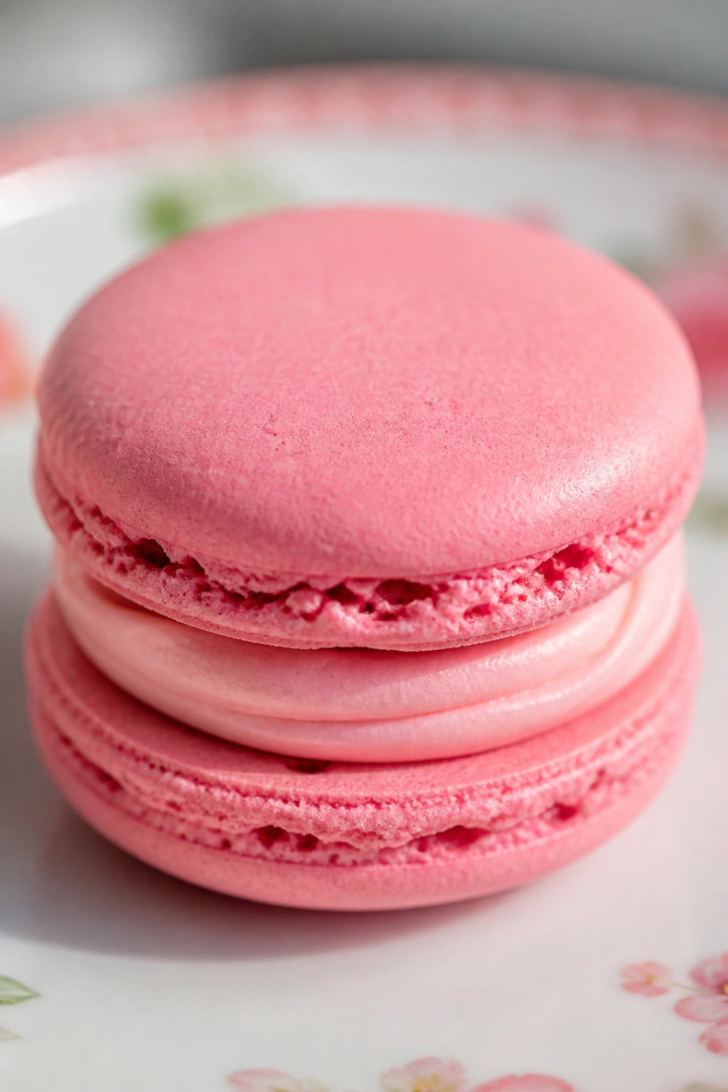 Pink macaron with cream filling on a light plate.