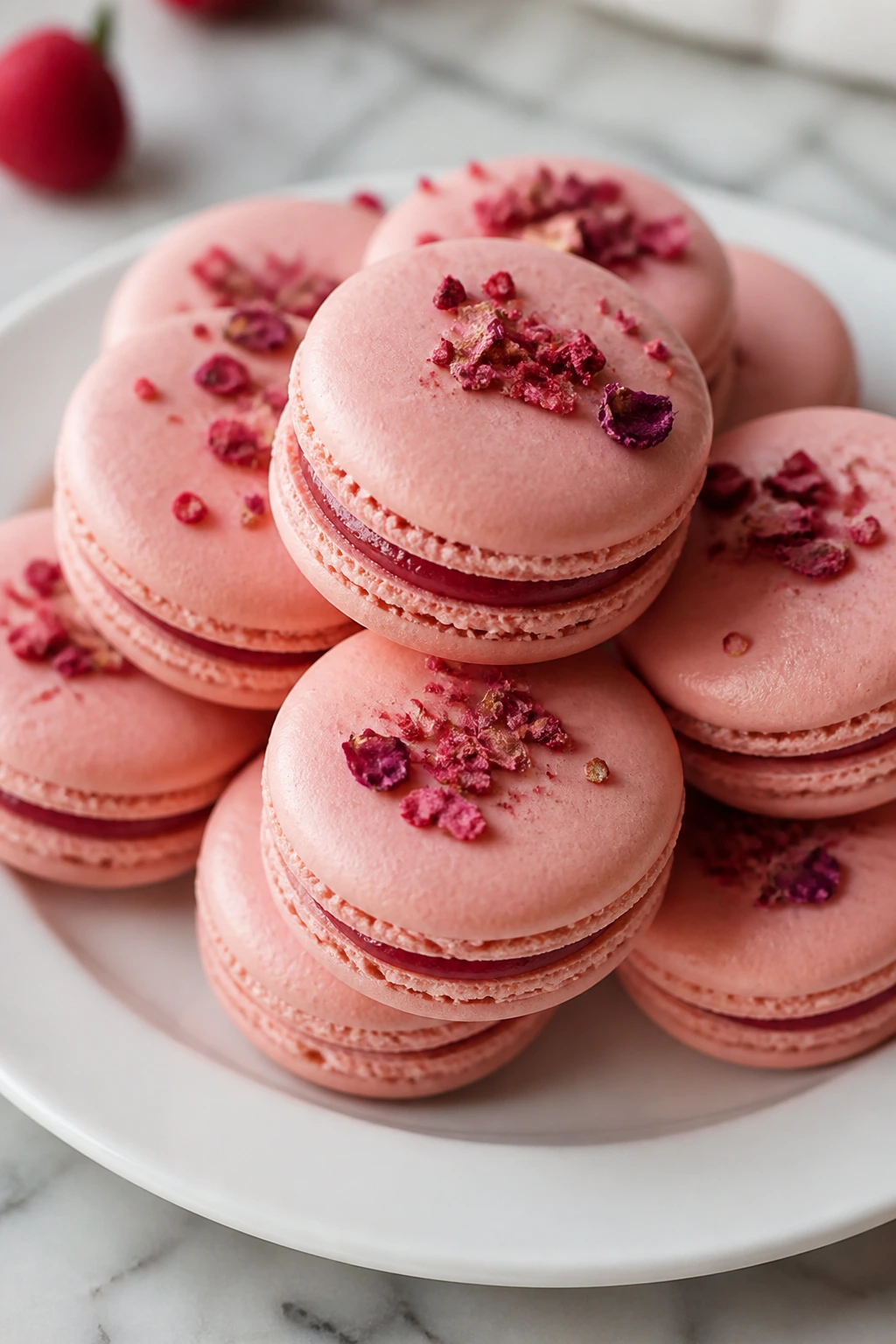Close-up of pale pink raspberry rose macarons on a plate